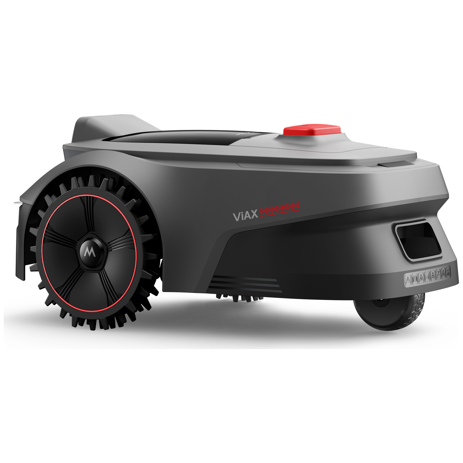 Een grijze robotmaaier met rode knop en grote wielen op witte achtergrond.