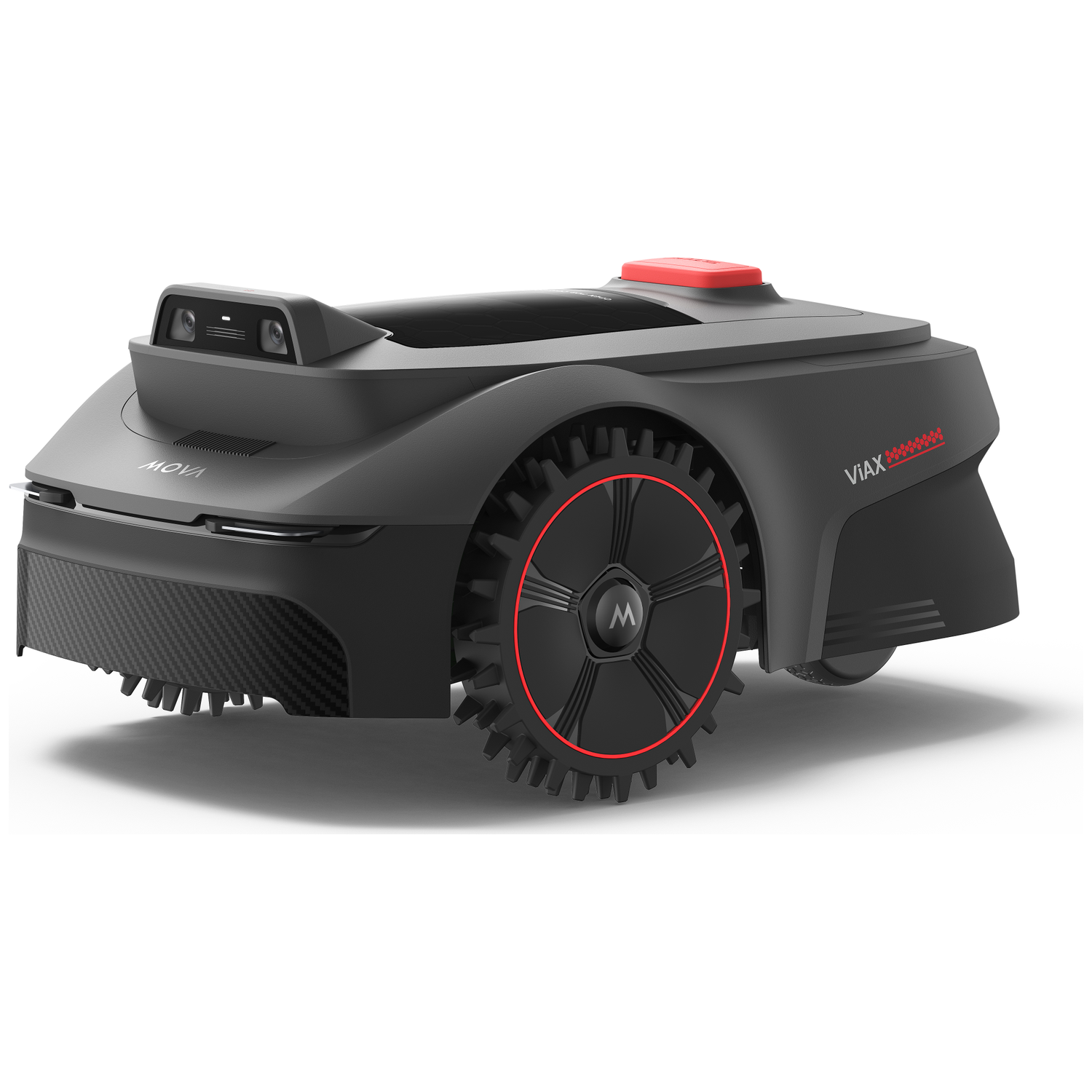 Een zwarte robotgrasmaaier met rode accenten en camera's op een witte achtergrond.