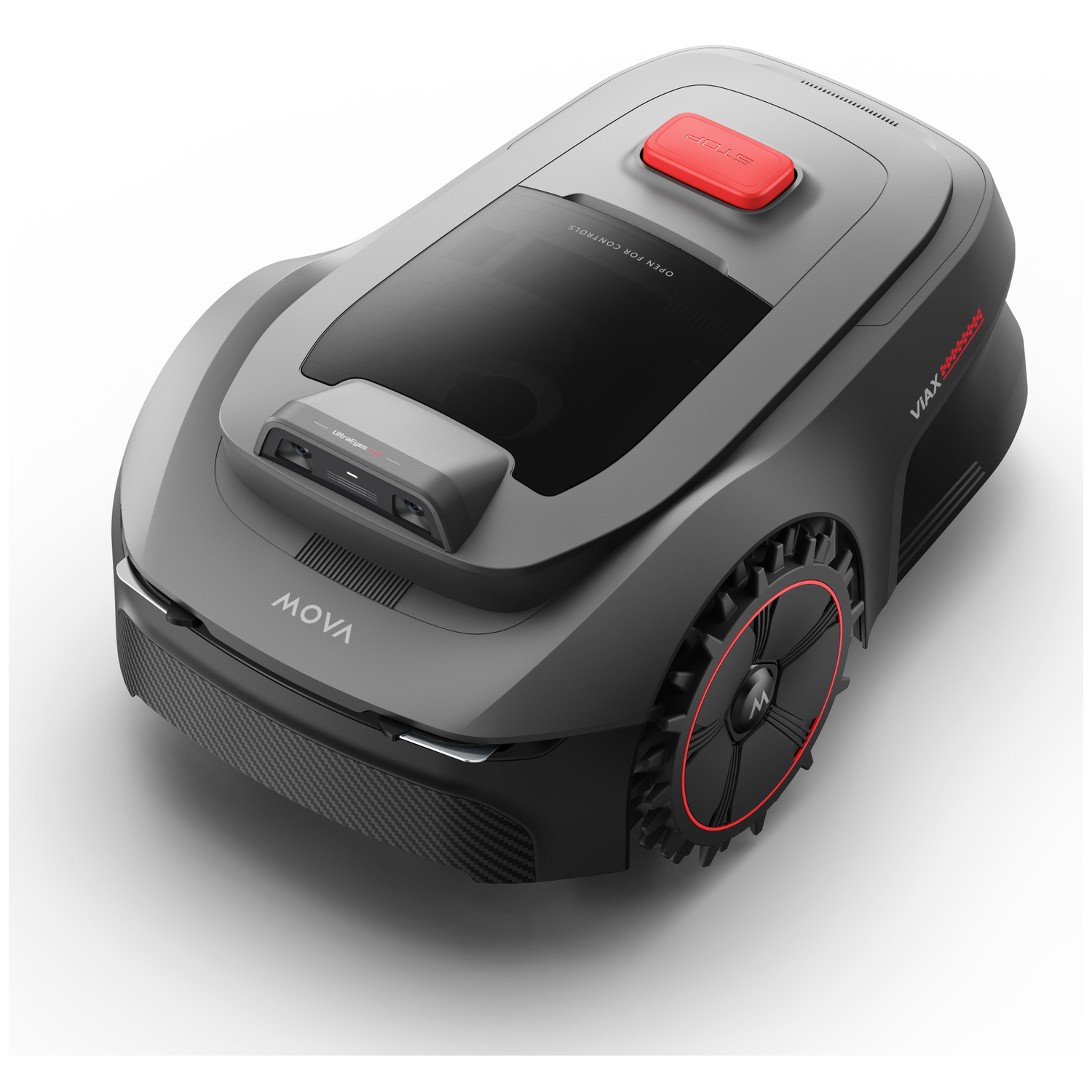 Een grijze robotmaaier met rode accenten en "MOVA" merknaam.