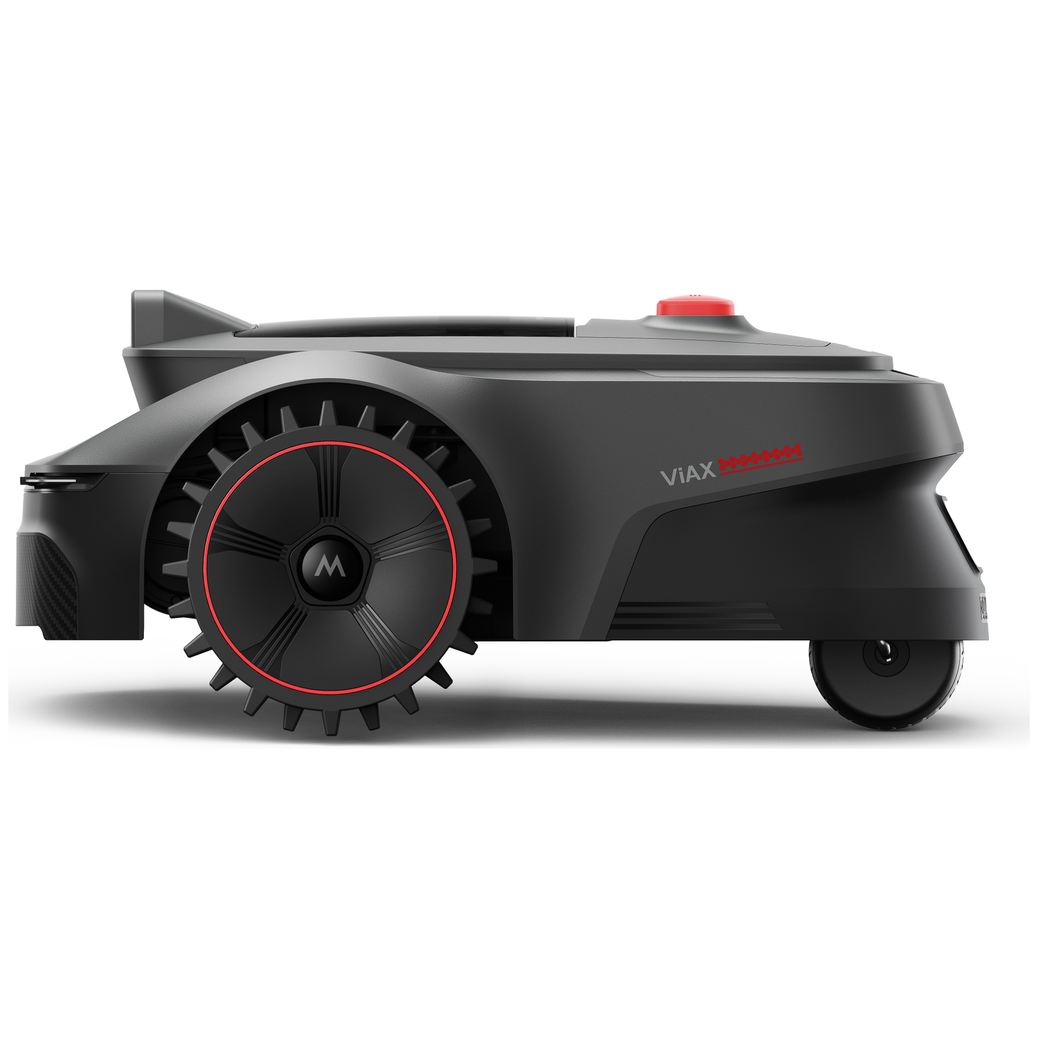 Een zwarte robotgrasmaaier met rode accenten op een witte achtergrond.