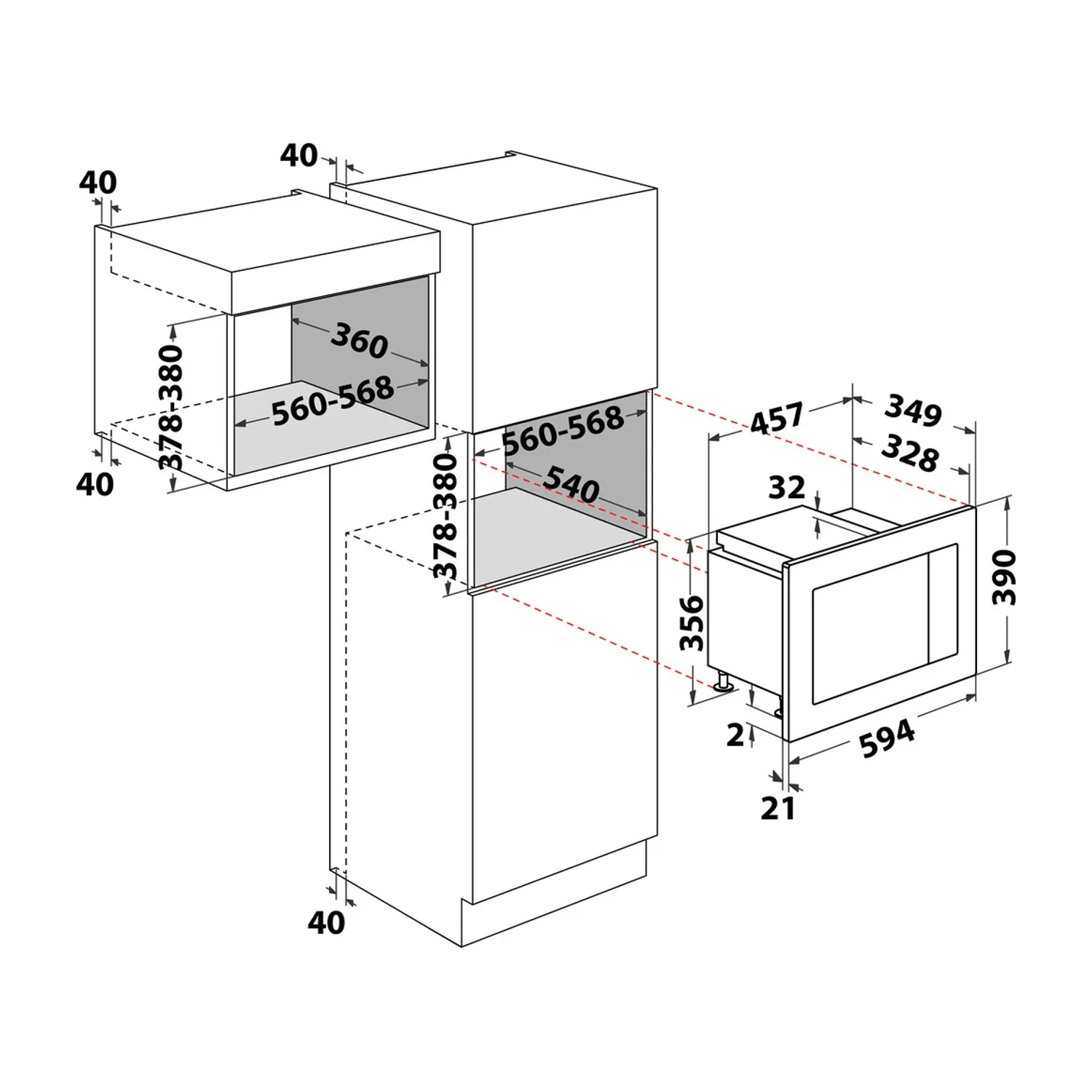 Disegno tecnico con dimensioni per elettrodomestici da incasso, mostra misure.