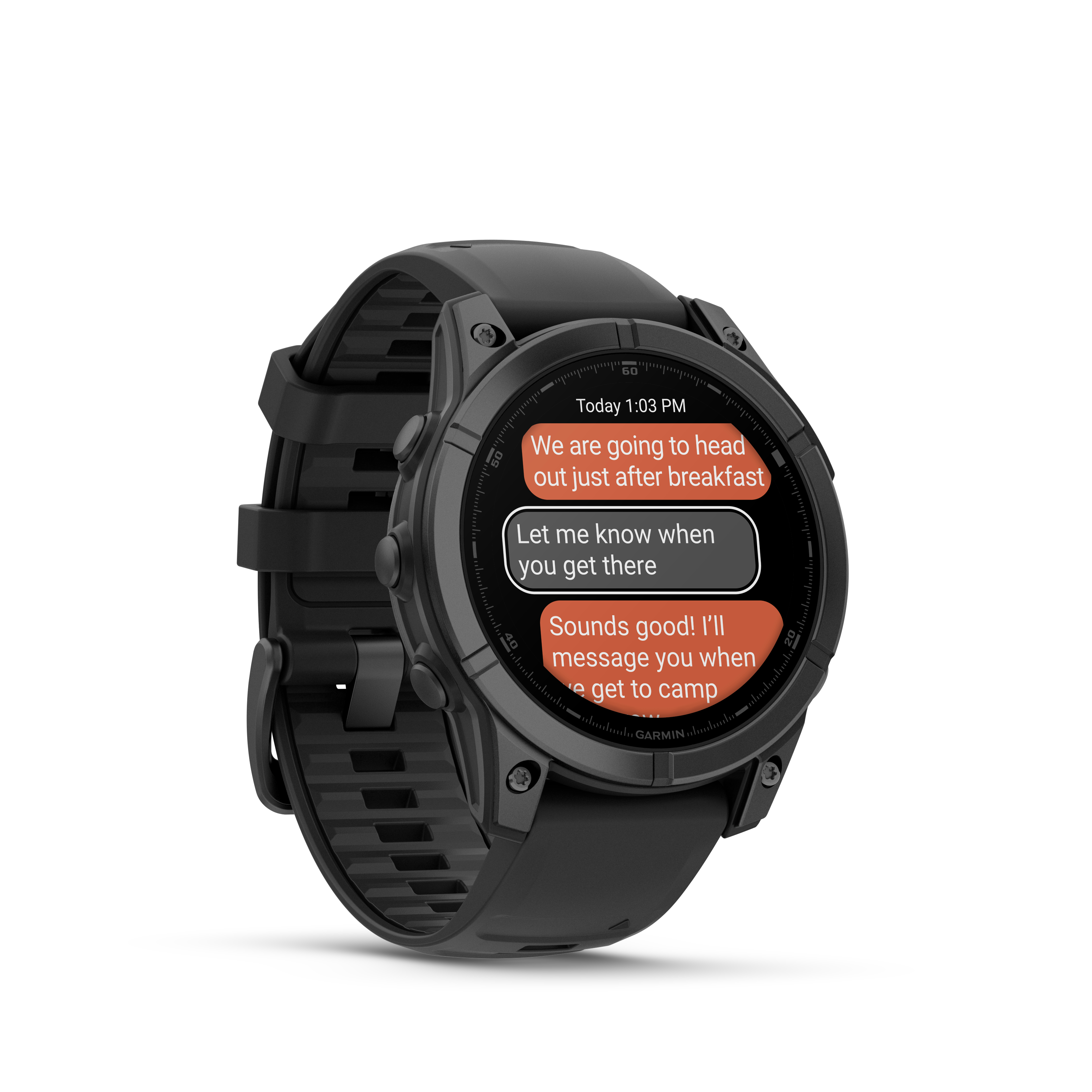 Schwarze Smartwatch mit Textnachrichten auf dem Display.