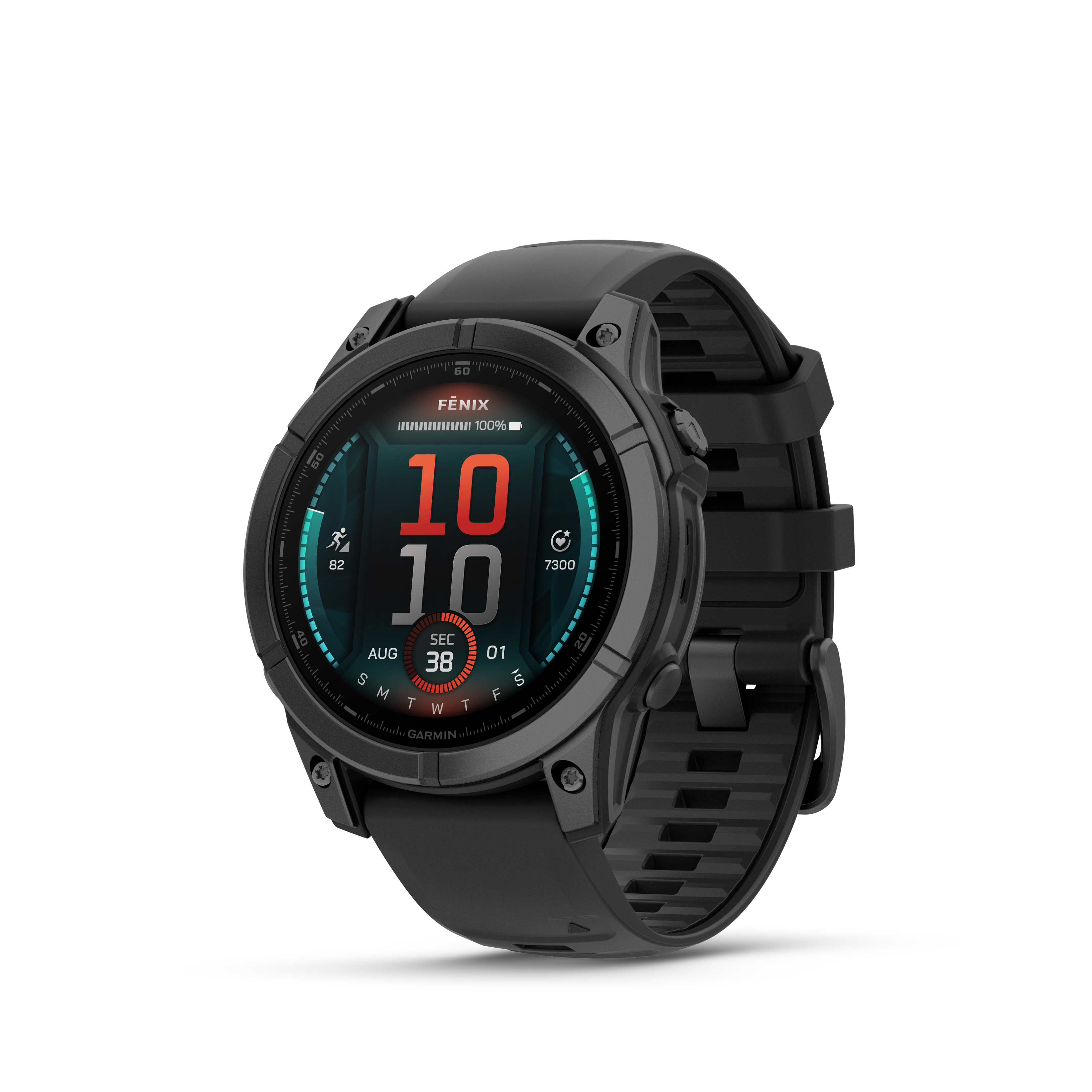 Schwarze Smartwatch mit Farbdisplay, das 10:10 Uhr, 38 Sek. und Trainingsdaten anzeigt.
