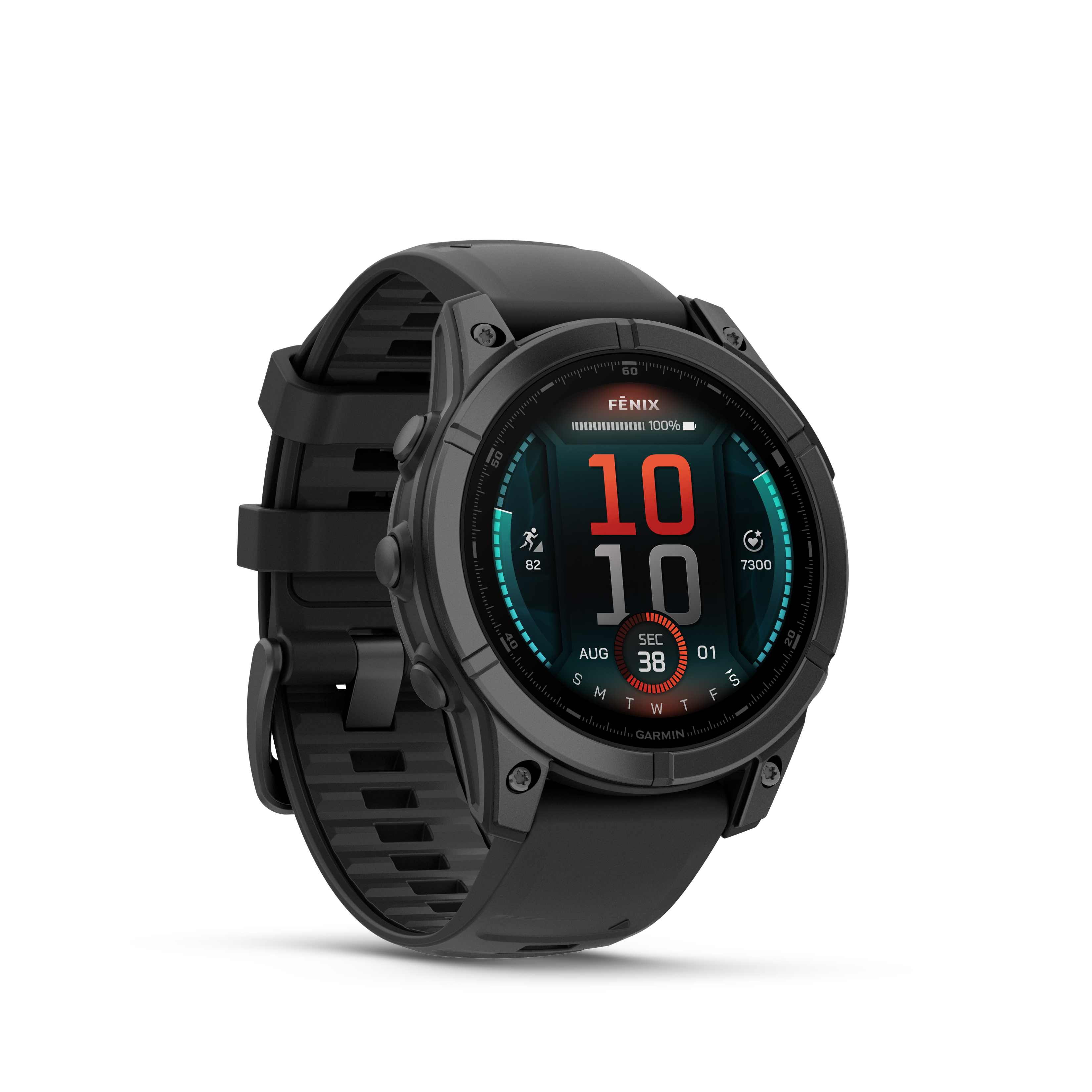 Schwarze Smartwatch mit Fenix-Display, das 10:10 Uhr, 38 Sek. und 100% Akku anzeigt.