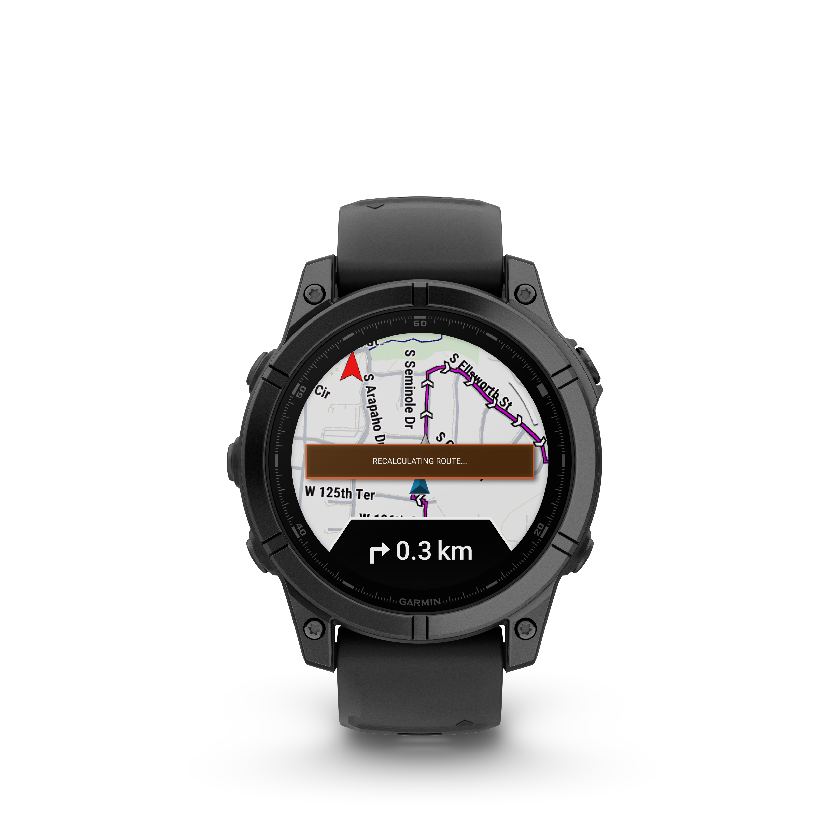 Eine schwarze Smartwatch zeigt eine Karte mit Routenberechnung und 0,3 km Entfernung.