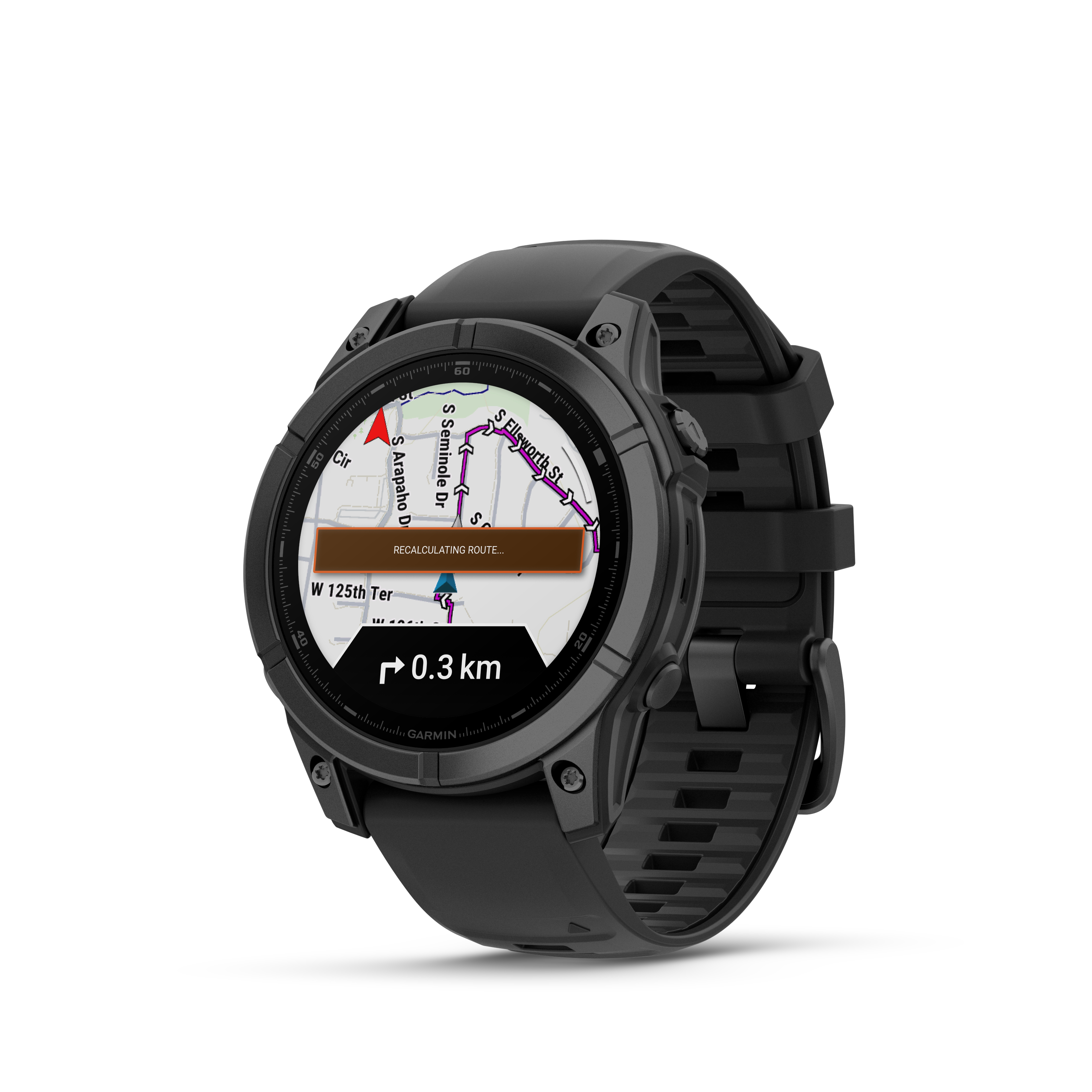 Schwarze Smartwatch mit Navigationskarte und 0,3 km Reststrecke.