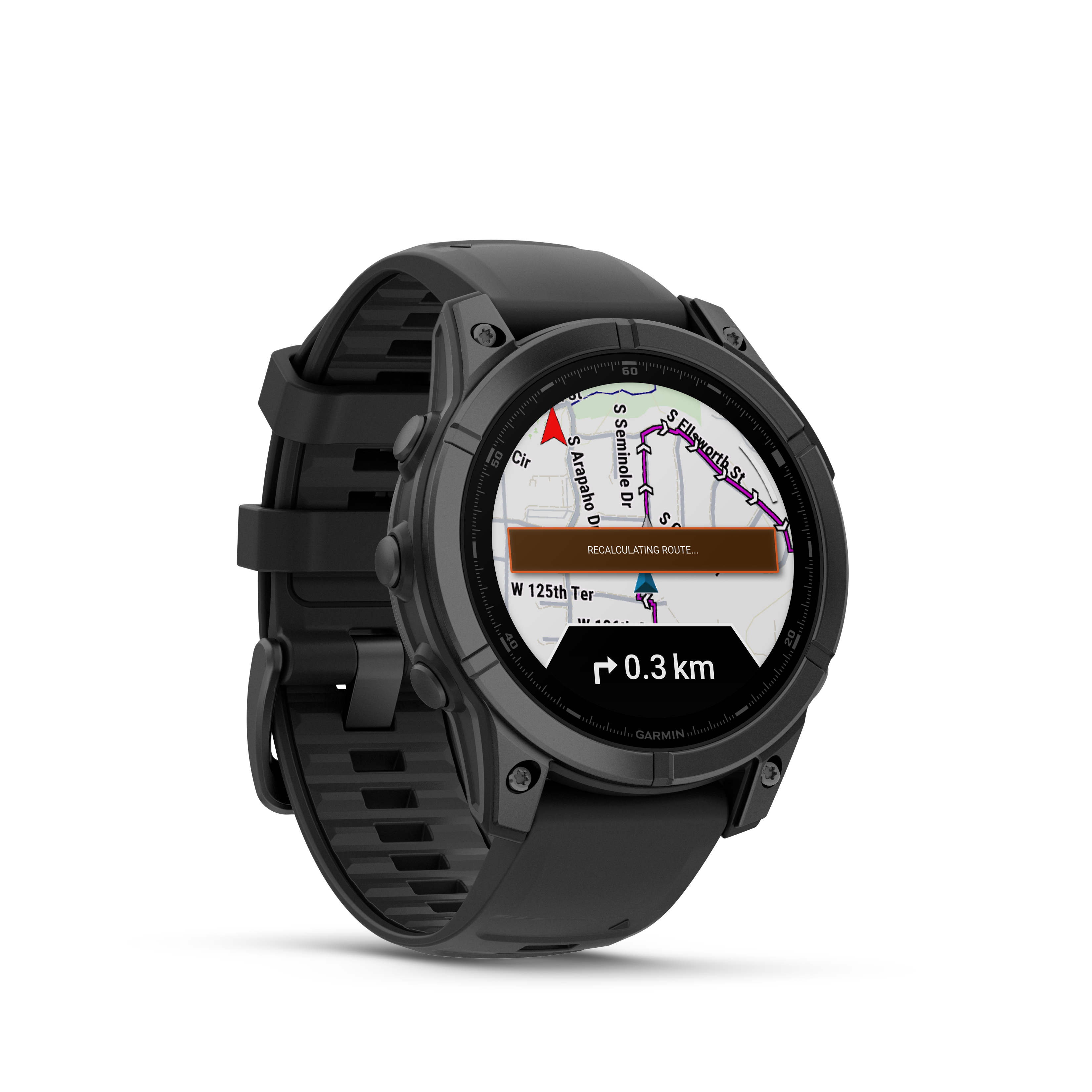 Eine schwarze Garmin Smartwatch zeigt eine Karte mit einer Route und 0,3 km Entfernung.