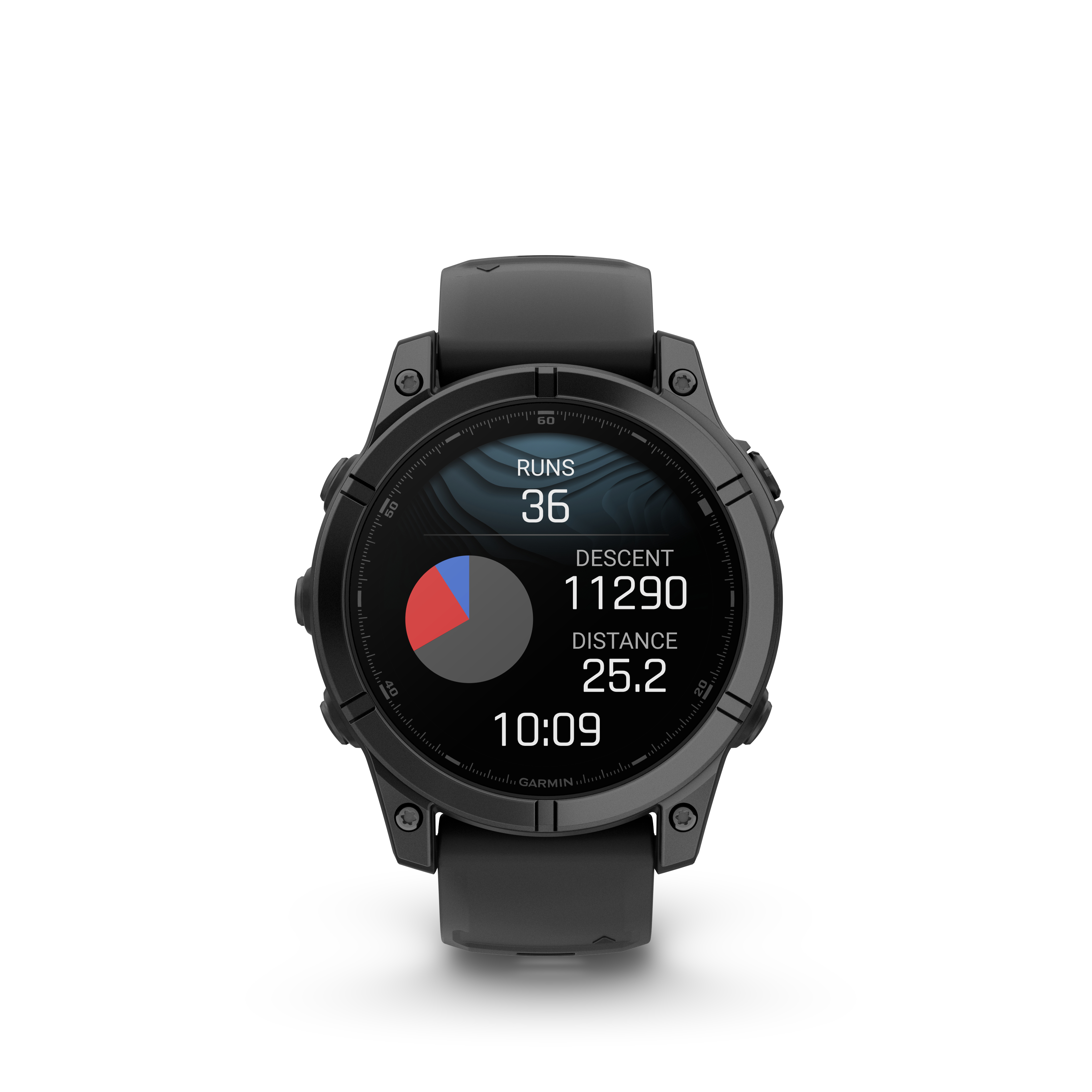 Schwarze Garmin Uhr mit Zifferblatt: 36 Läufe, 11290 Abstieg, 25.2 Distanz, 10:09 Uhr.