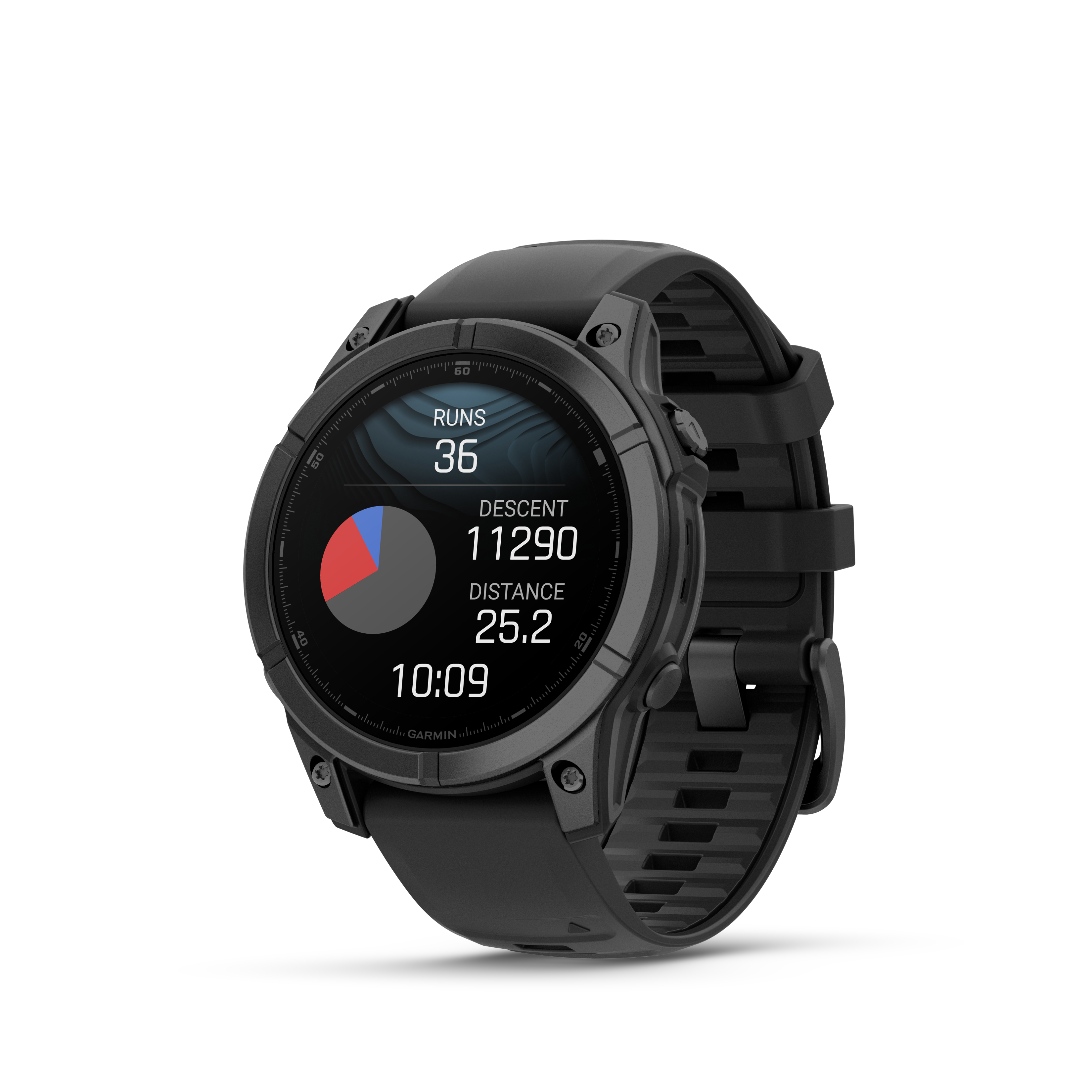 Schwarze Garmin Smartwatch mit Zifferblatt, das Läufe, Distanz und Zeit anzeigt.