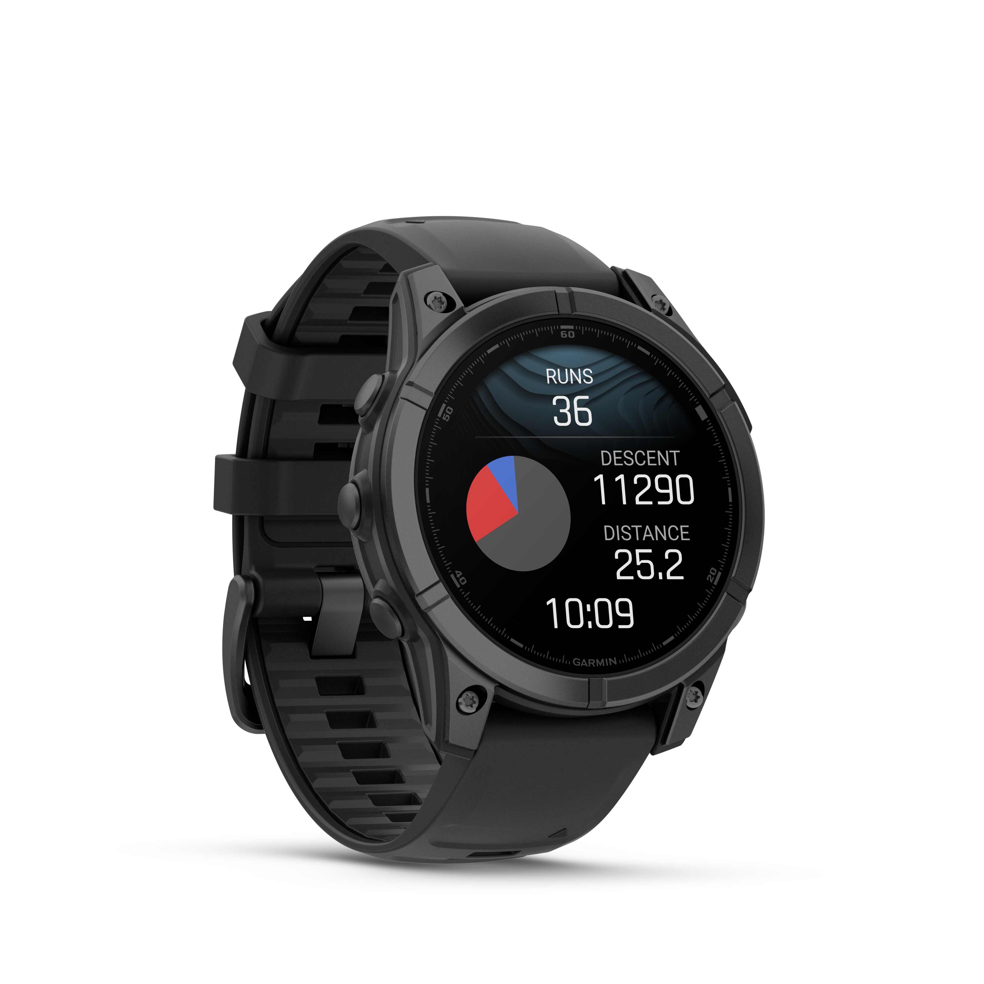Schwarze Garmin Smartwatch mit Trainingsdaten: 36 Läufe, 11290 m Abstieg, 25,2 km.