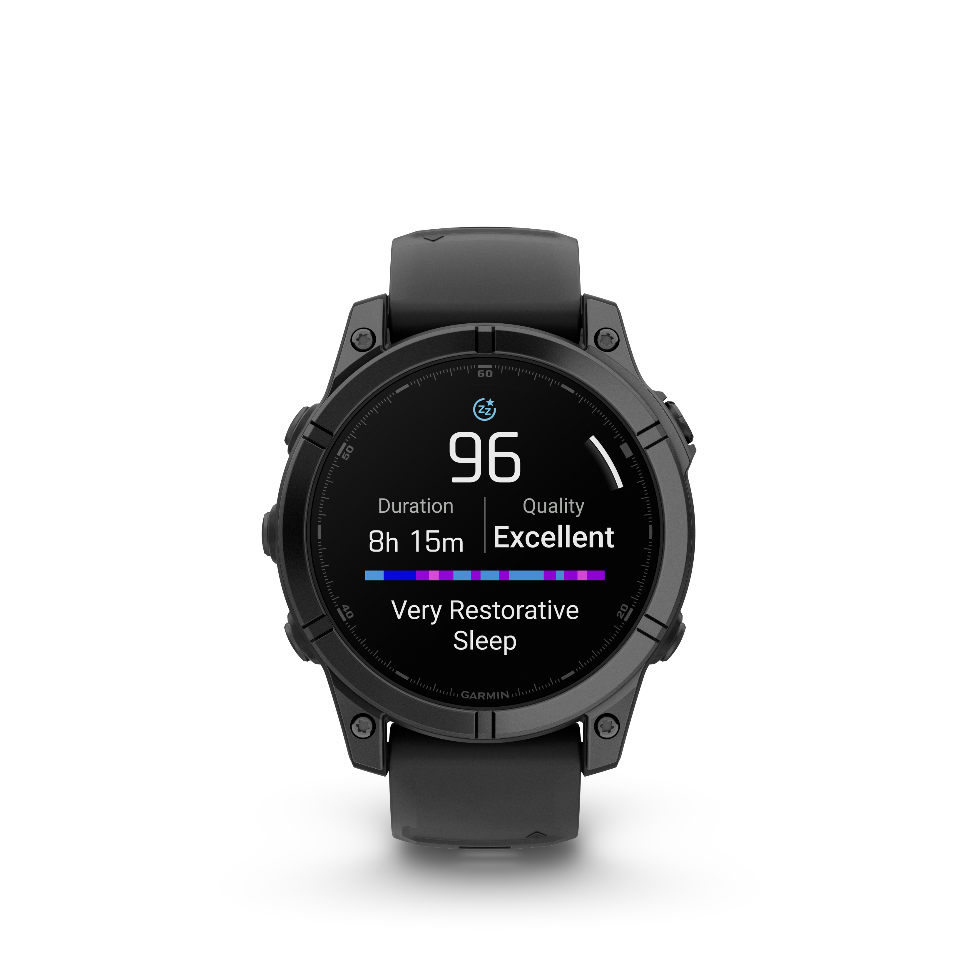 Eine schwarze Smartwatch mit Schlaf-Tracking-Daten: 96 Score, 8h 15m Dauer, exzellente Qualität.
