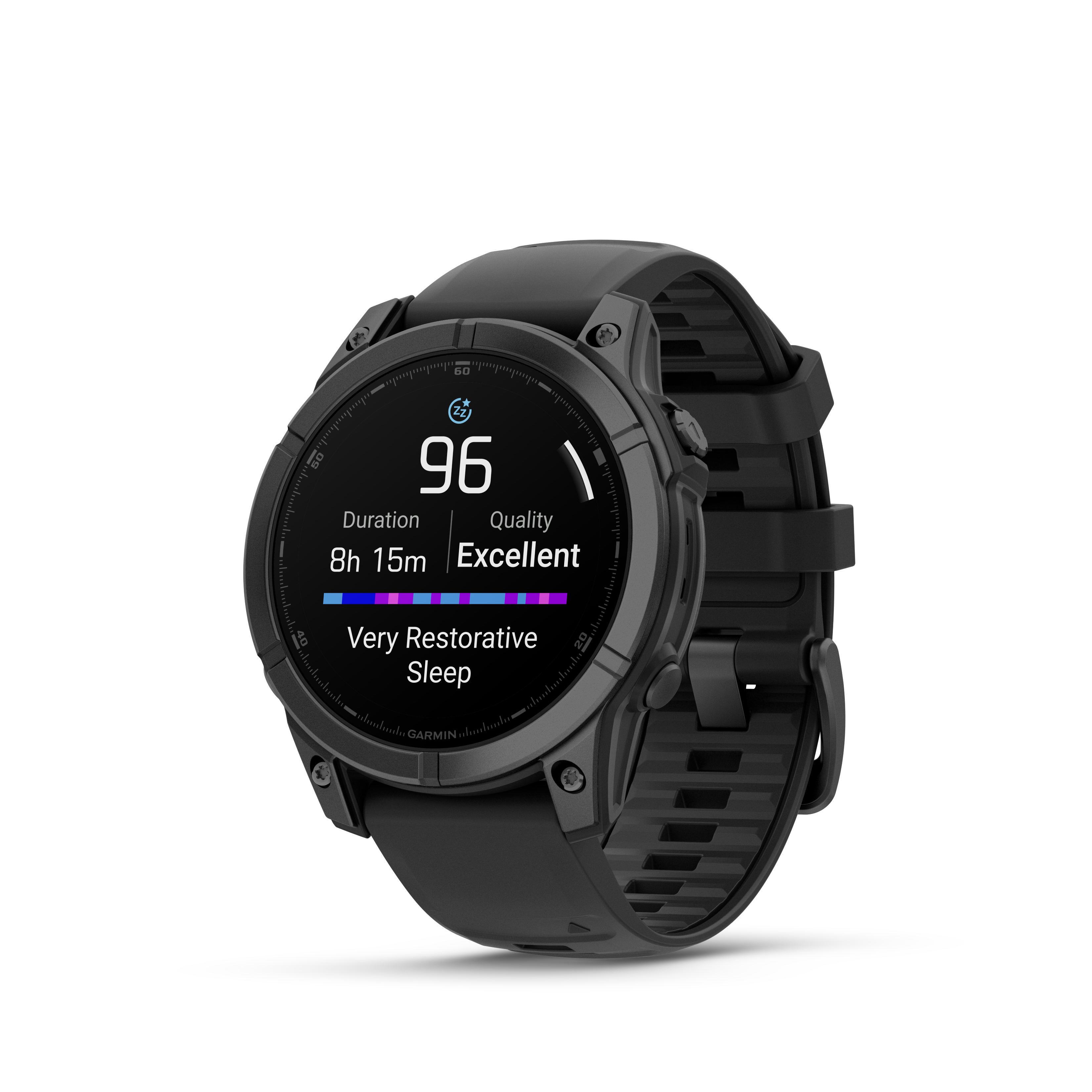Eine schwarze Smartwatch zeigt Schlafdaten an: 96 Punkte, 8h 15m Dauer, exzellente Qualität.