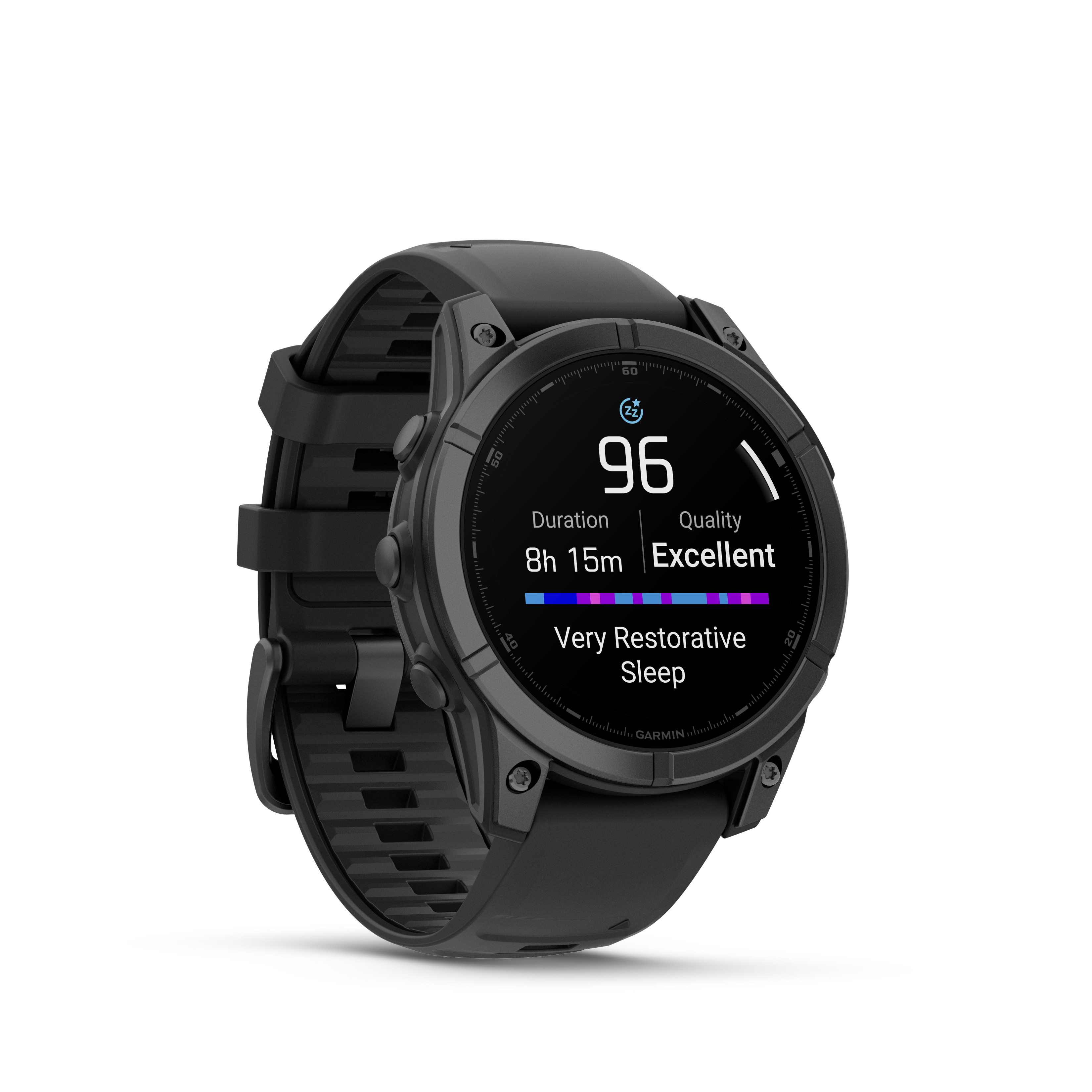 Schwarze Smartwatch zeigt 96 Punkte für Schlafqualität, 8 Std. 15 Min. Dauer.