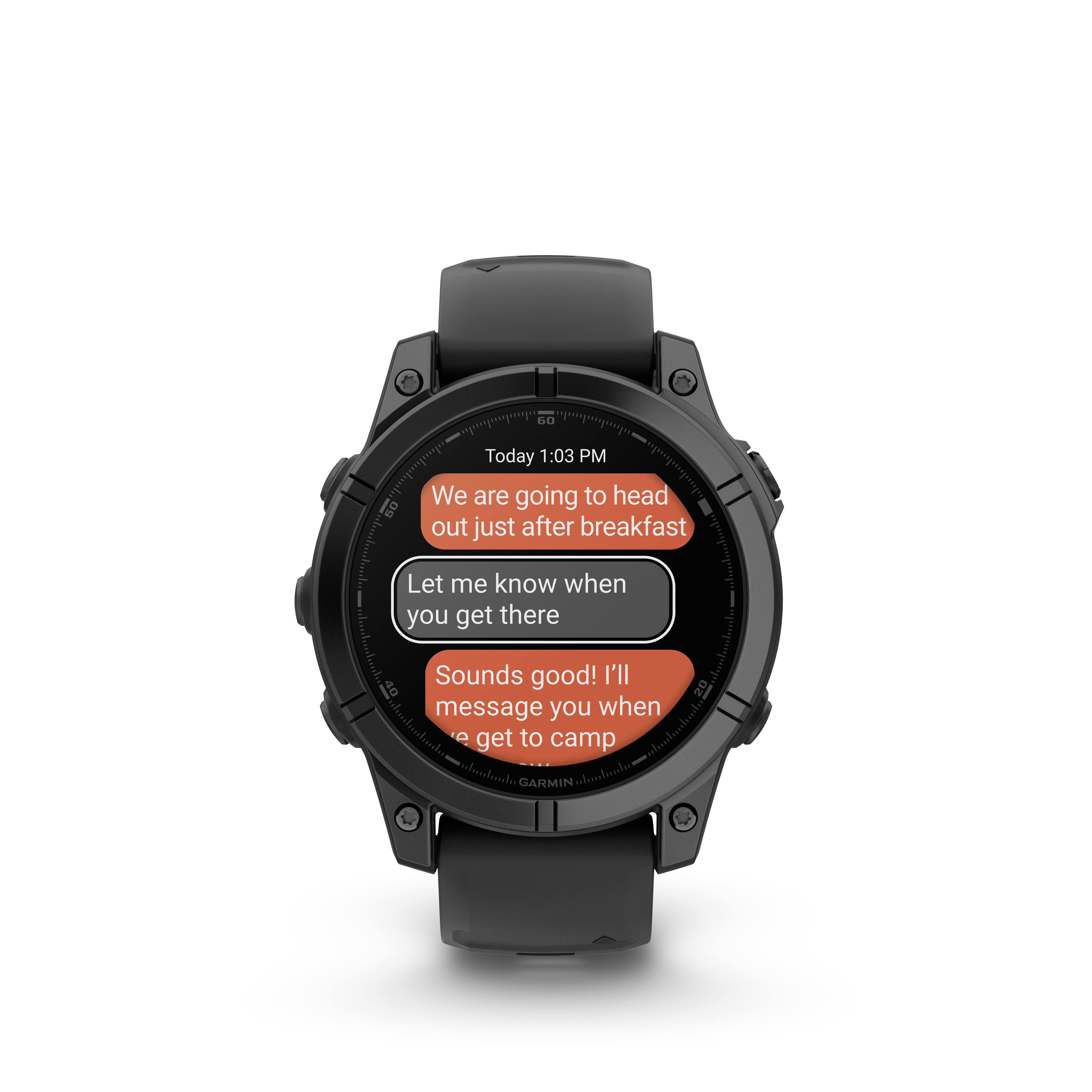 Eine schwarze Smartwatch zeigt Textnachrichten an. 1:03 PM.