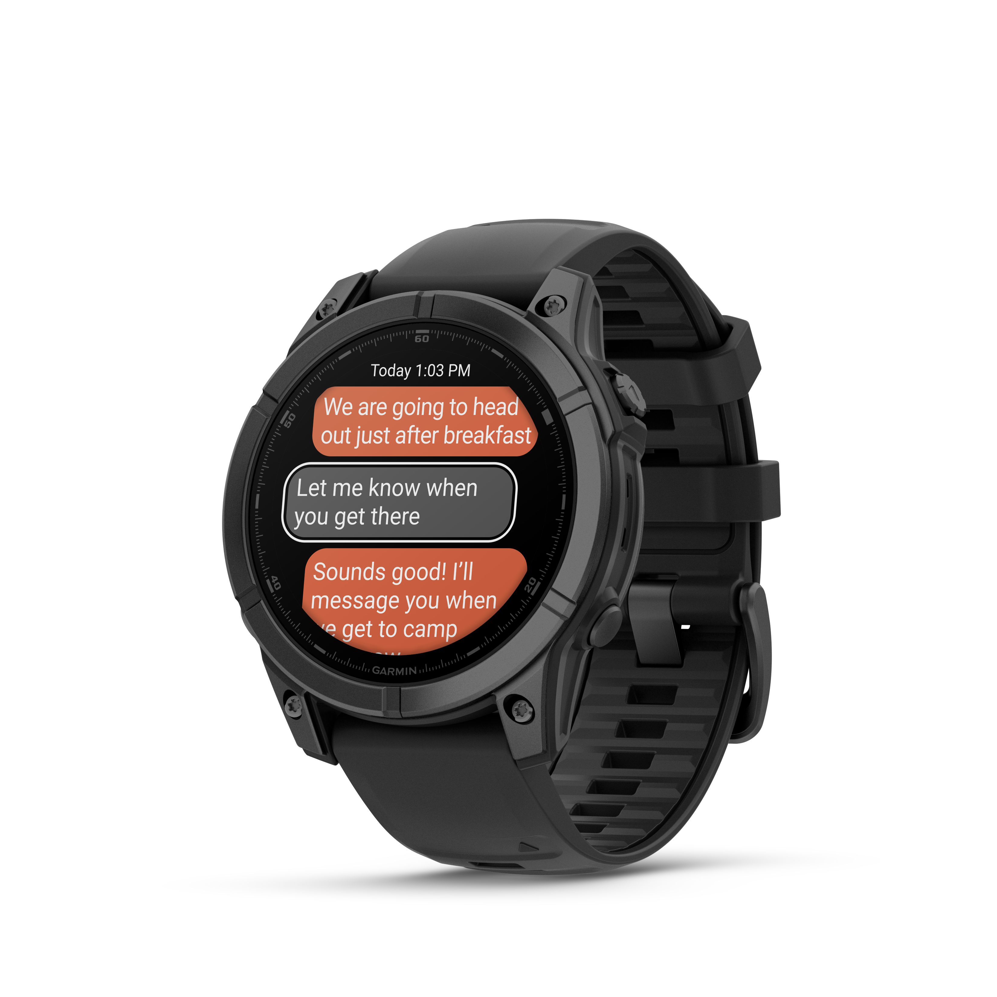 Eine schwarze Garmin Smartwatch zeigt einen Chatverlauf mit Nachrichten über Frühstück und Camping.
