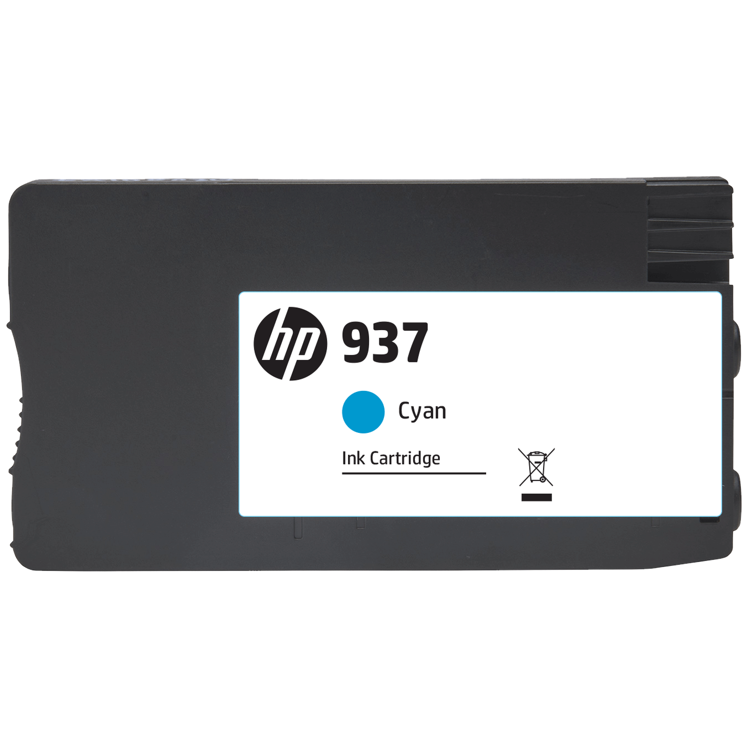 Zwarte HP 937 Cyan inktcartridge met HP-logo en "Cyan Ink Cartridge" tekst.