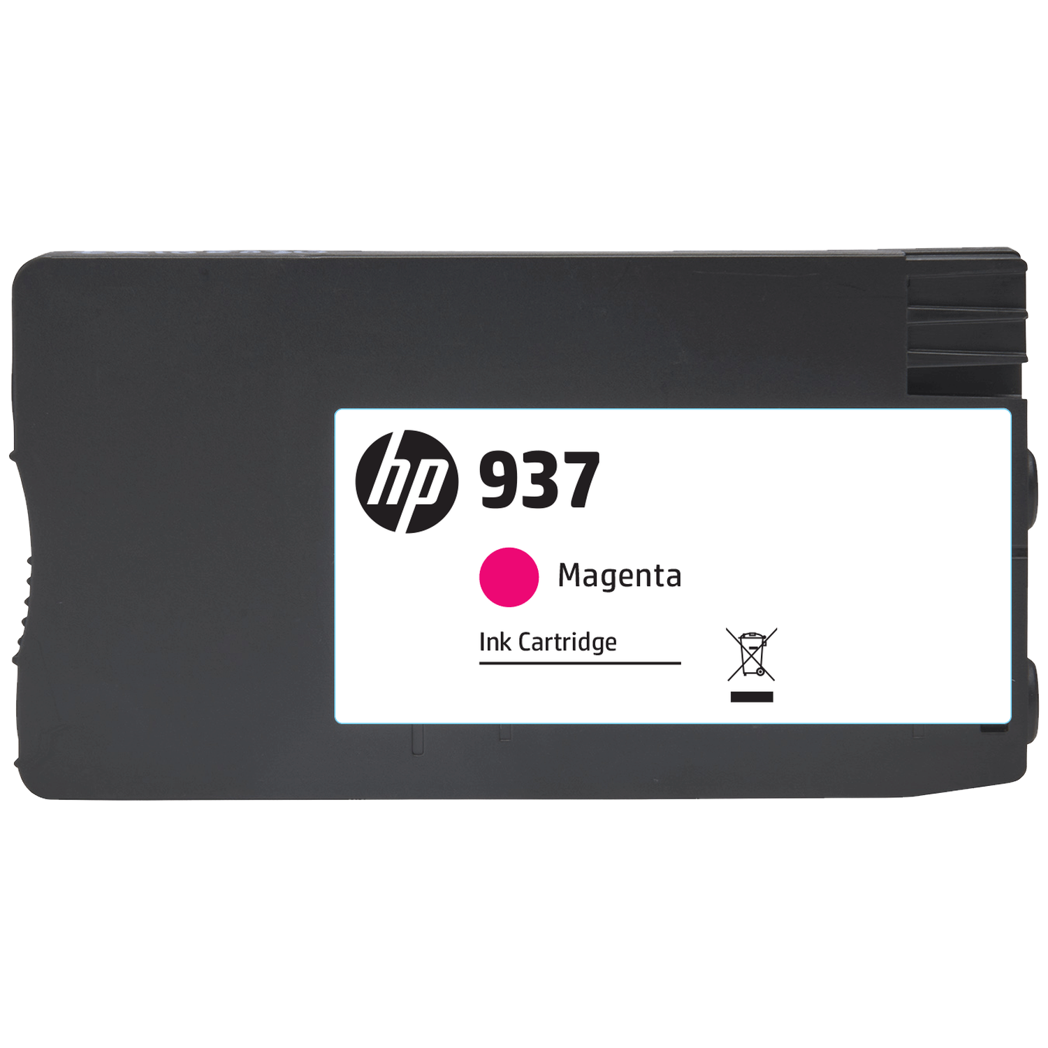 HP 937 Magenta inktcartridge met HP logo en WEEE-symbool.
