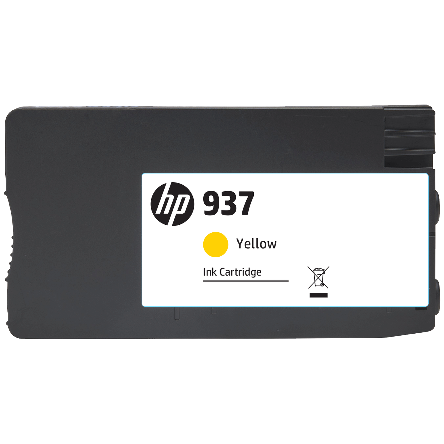 HP 937 gele inktcartridge met HP logo en afvalsymbool.
