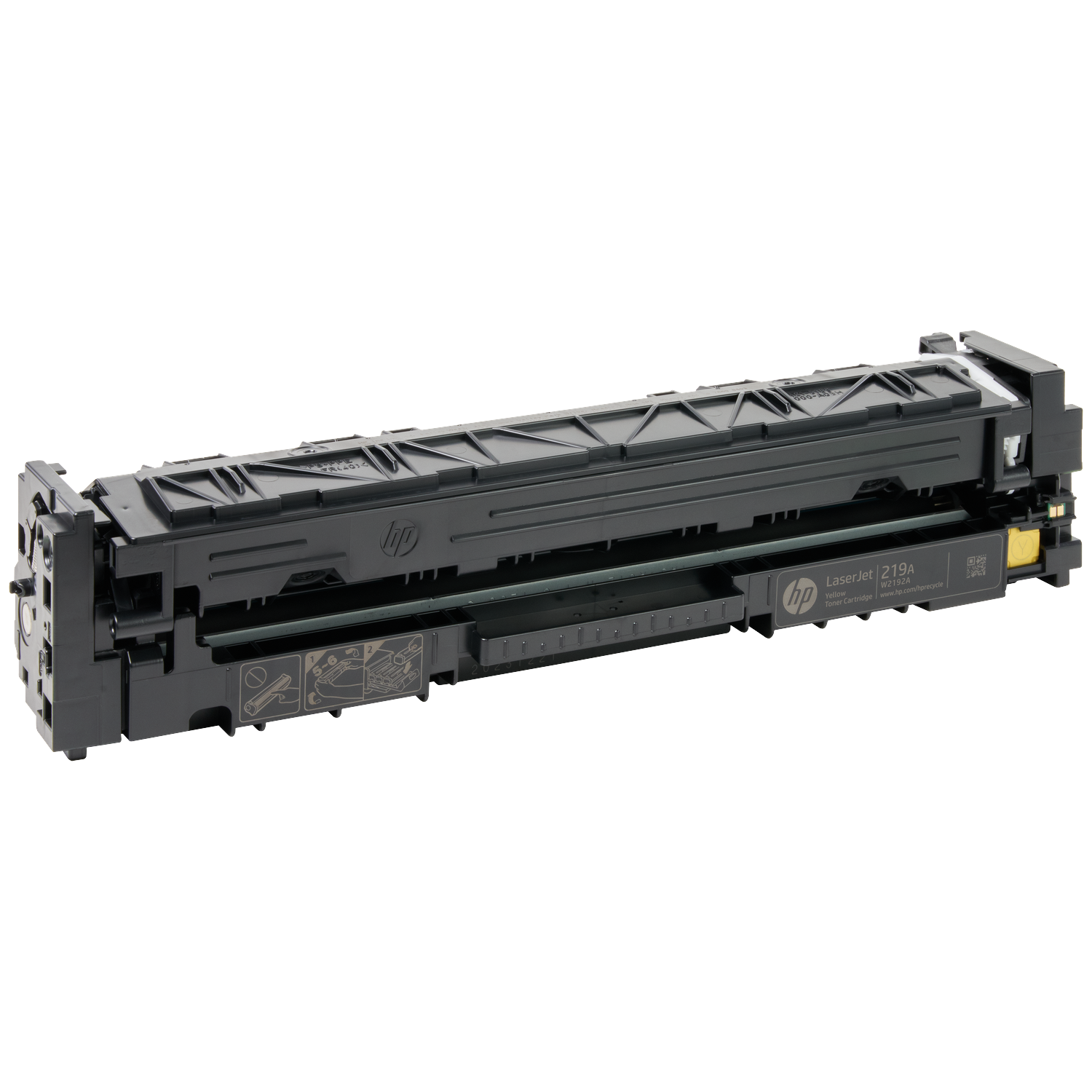 Black HP LaserJet 219A yellow toner cartridge with QR code and installation icons.