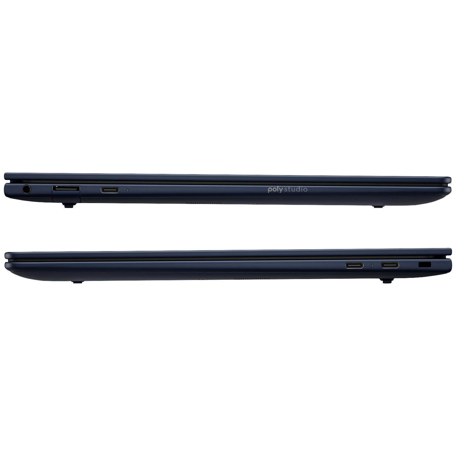 Two dark blue laptops side by side, showing ports and the Poly Studio logo.