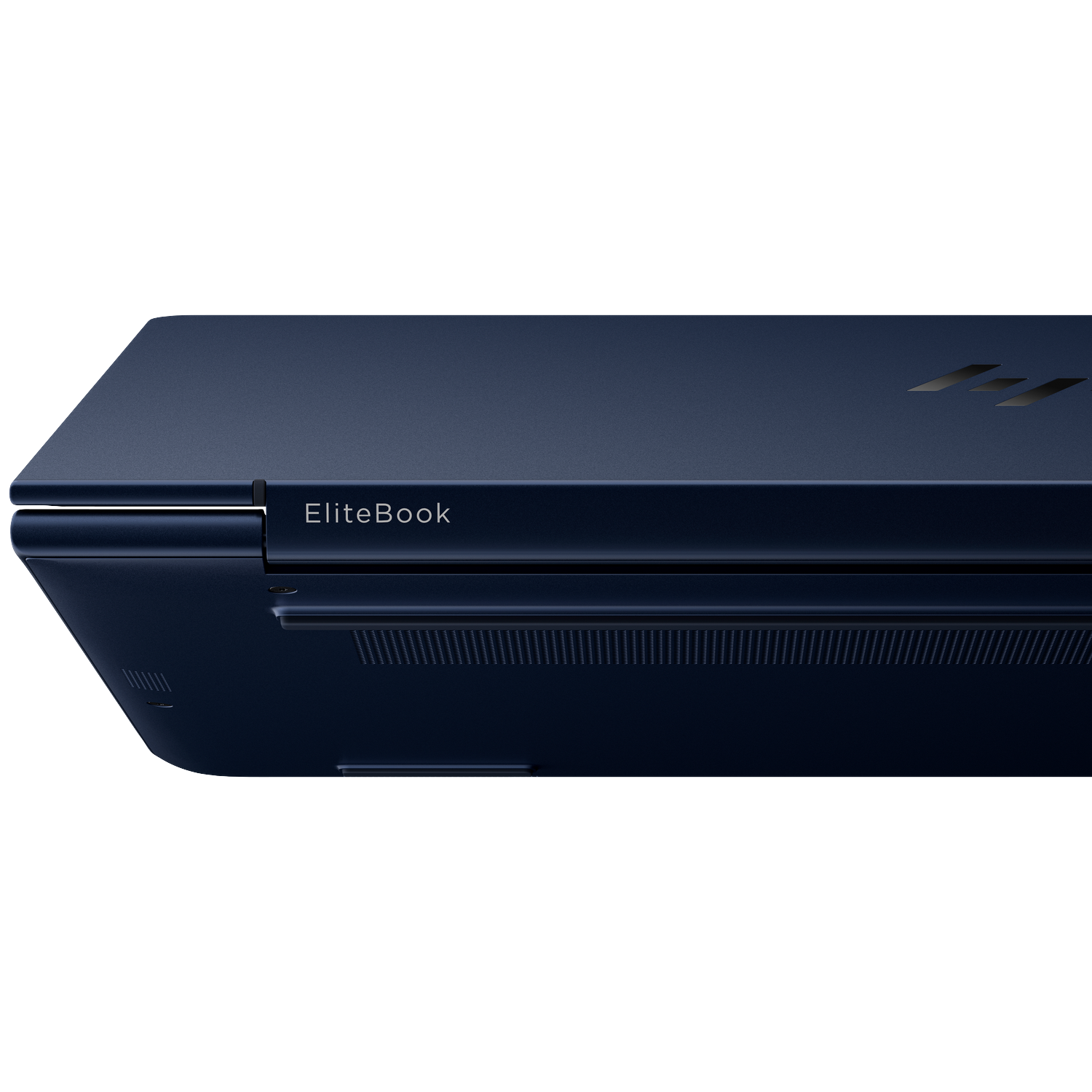 Dark blue laptop with EliteBook text and HP logo.
