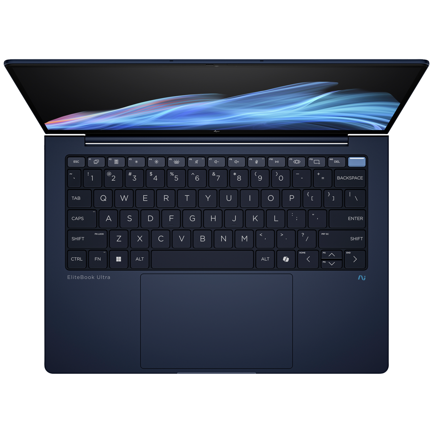 An open, dark blue laptop with illuminated screen and keyboard on a black background.