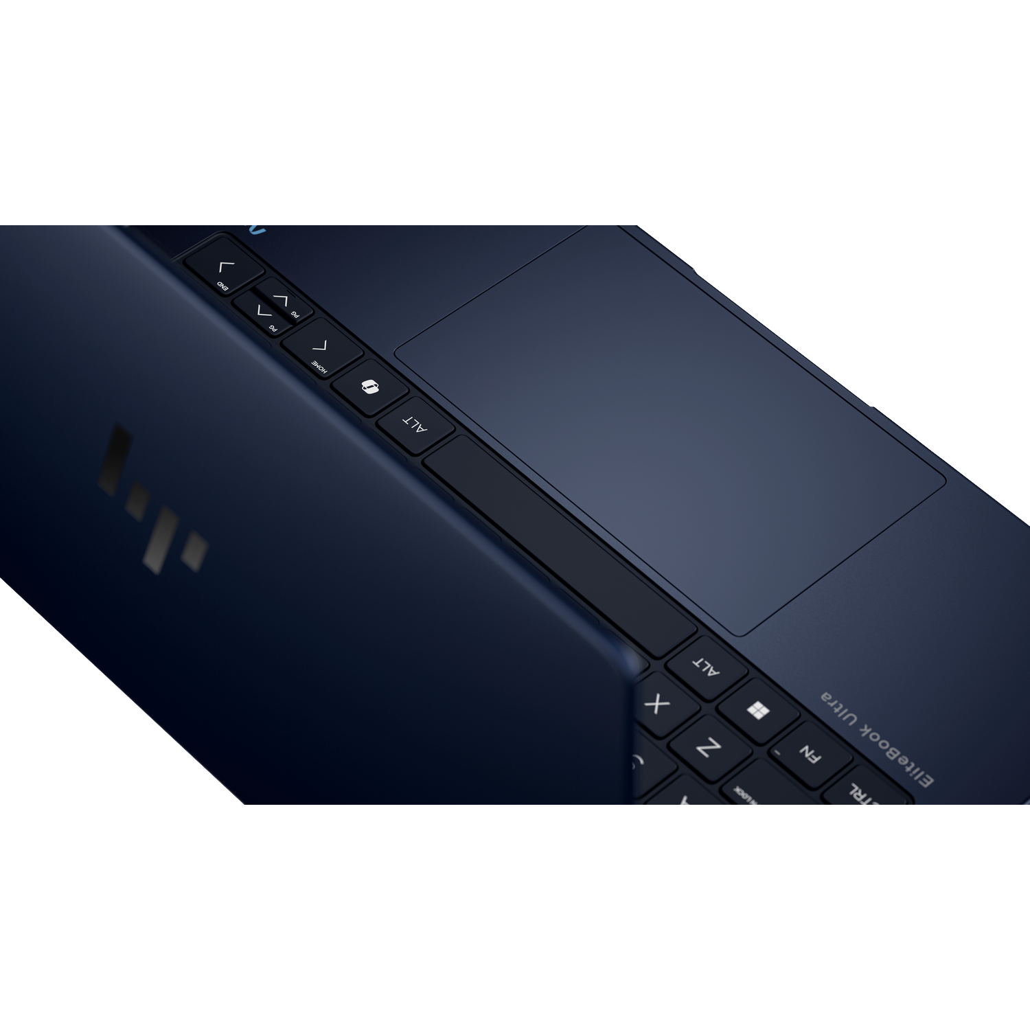 Close-up of a dark blue HP Elitebook Ultra laptop keyboard and touchpad.
