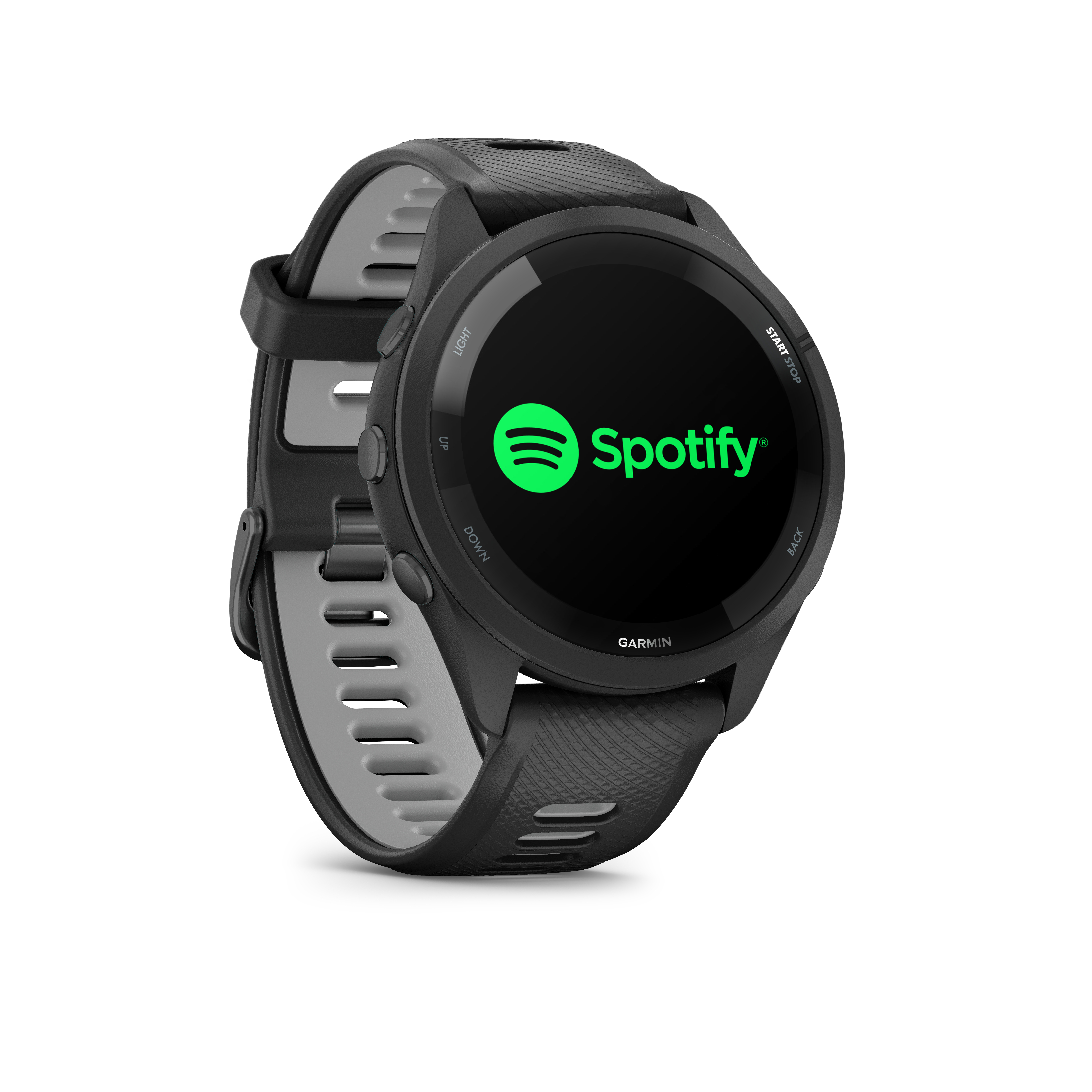 Eine schwarze Garmin-Smartwatch mit dem Spotify-Logo auf dem dunklen Bildschirm.