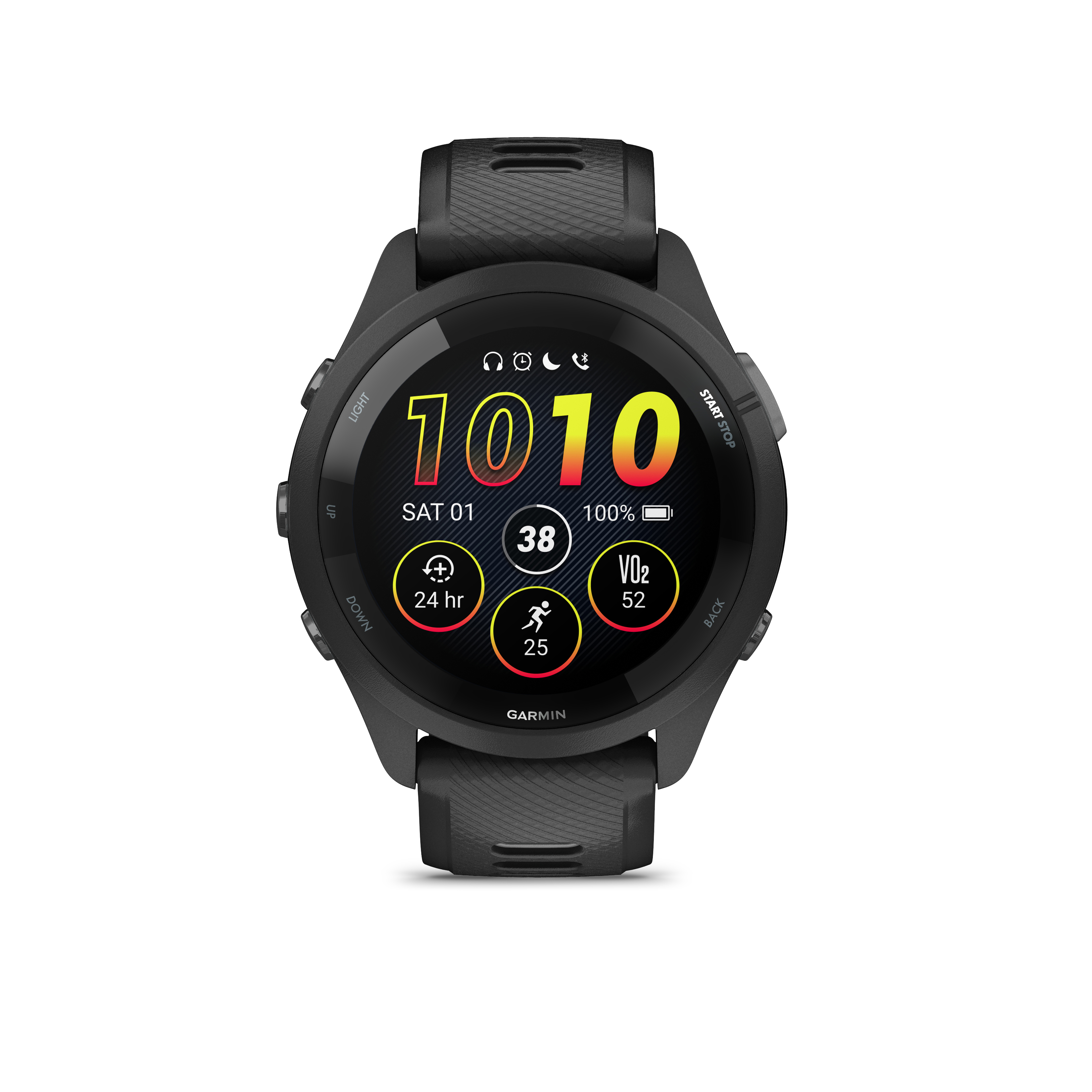 Schwarze Garmin-Smartwatch mit buntem Display und Sportdaten.