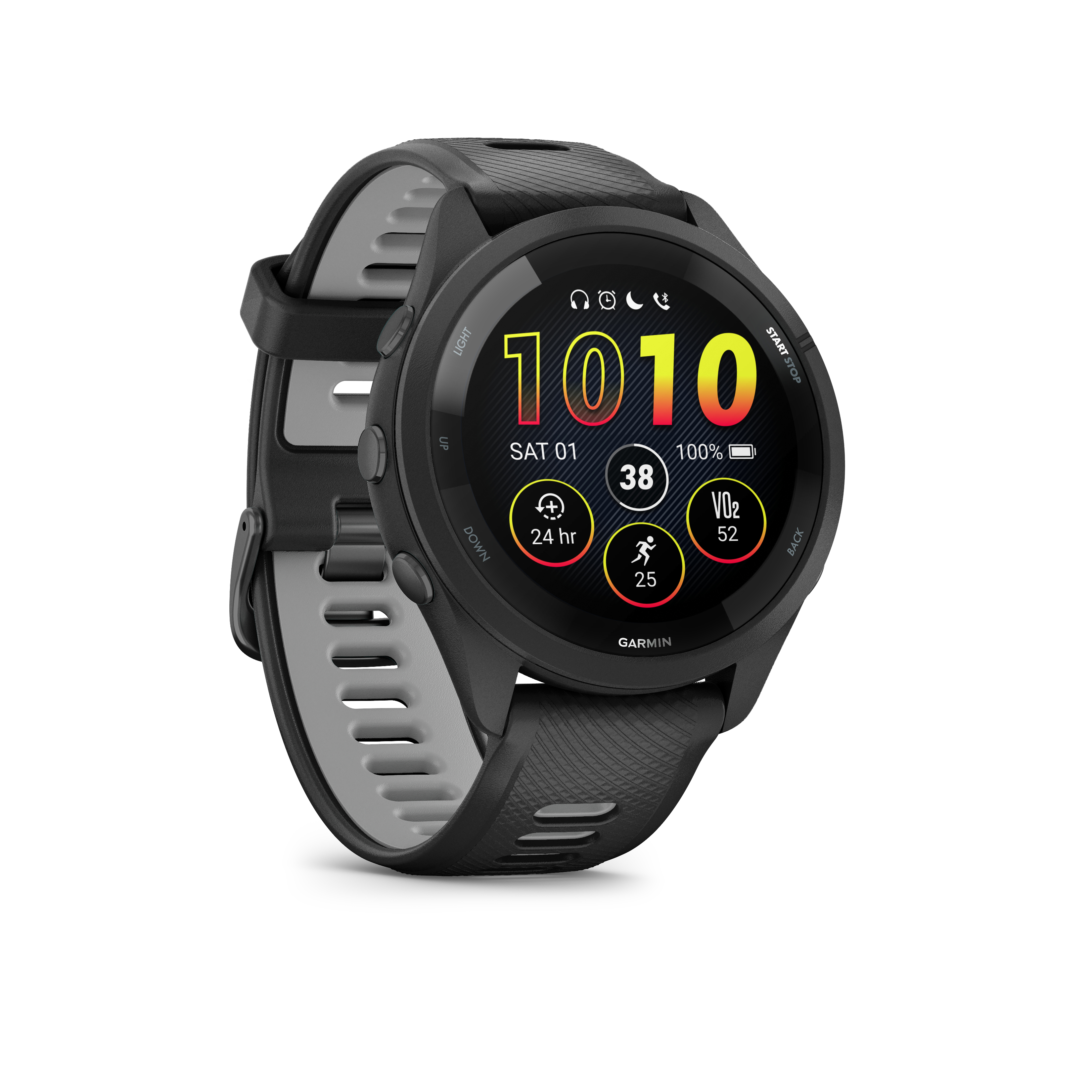 Schwarze Garmin-Sportuhr mit grauem Armband und Farbdisplay.
