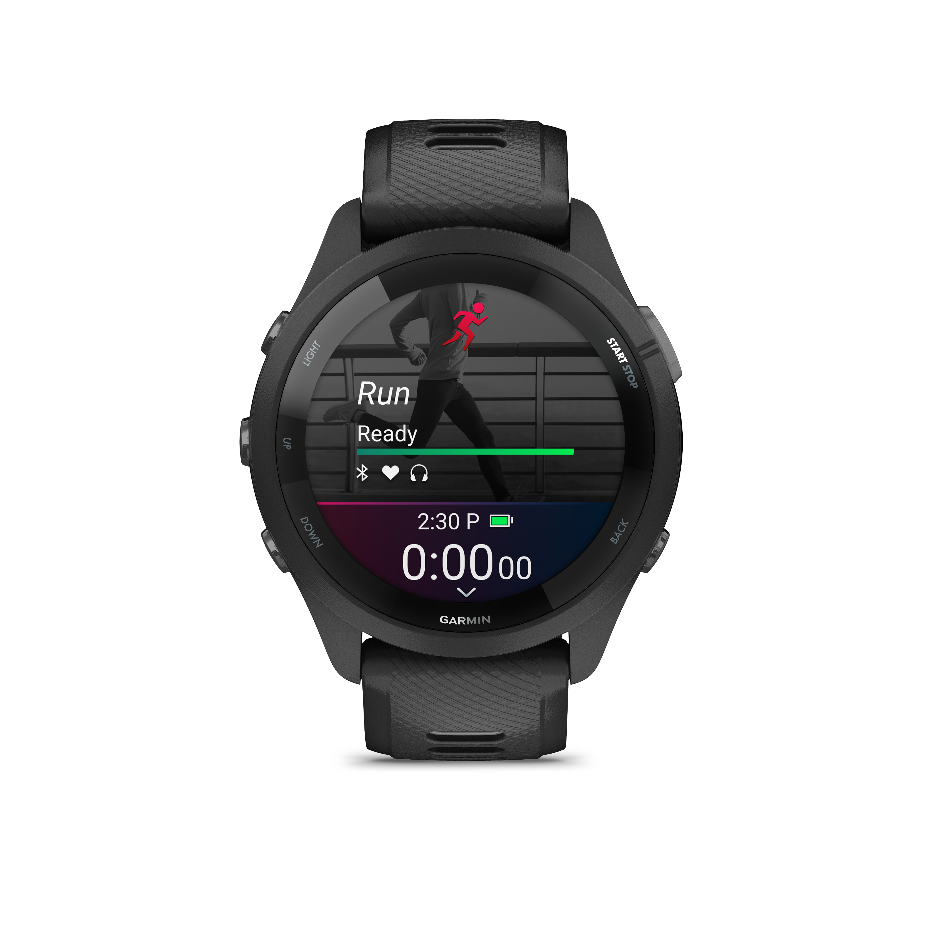 Schwarze Garmin-Uhr mit 'Run Ready', Läufer-Symbol und Timer.