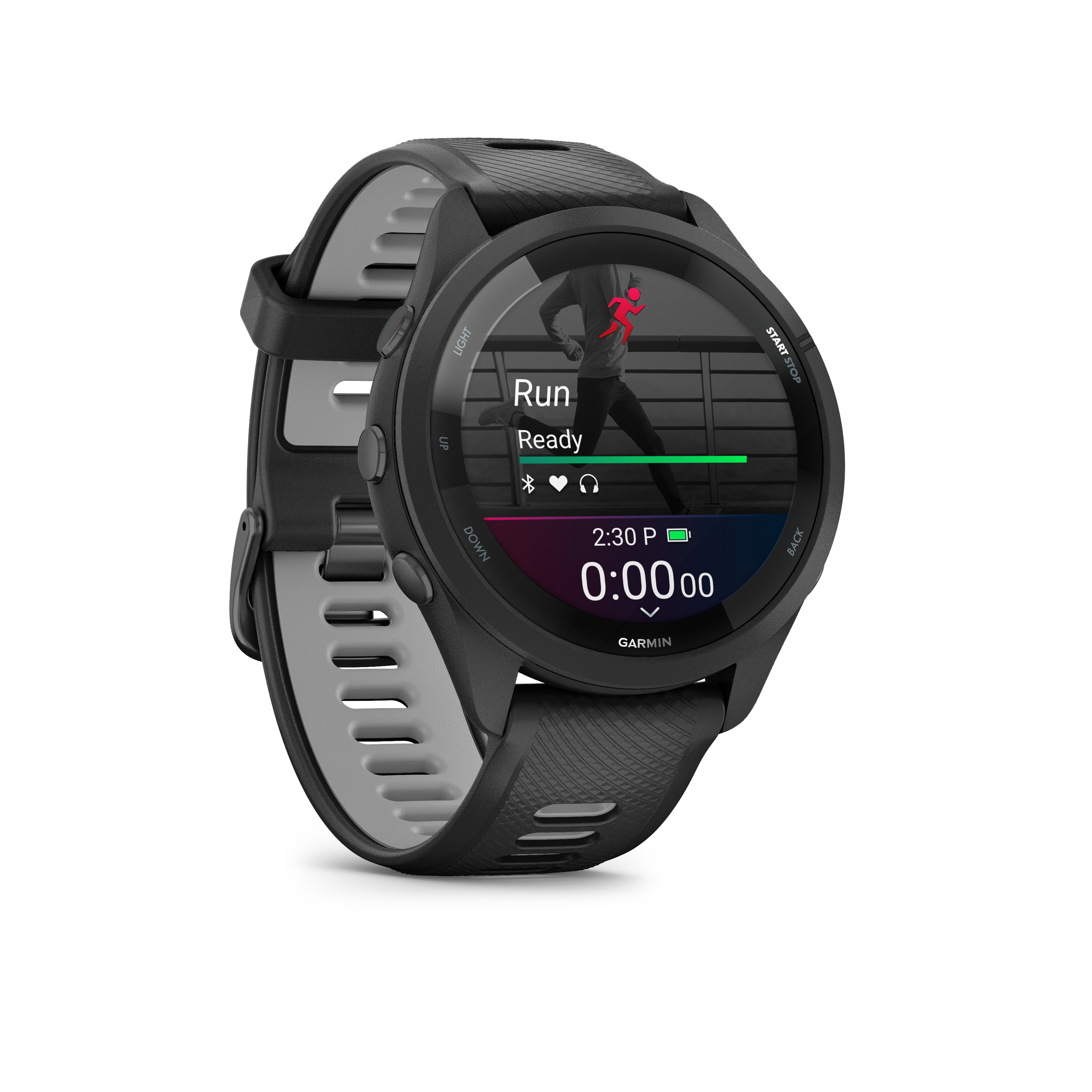 Schwarze Garmin-Smartwatch mit Laufbild und Timer auf dem Display.