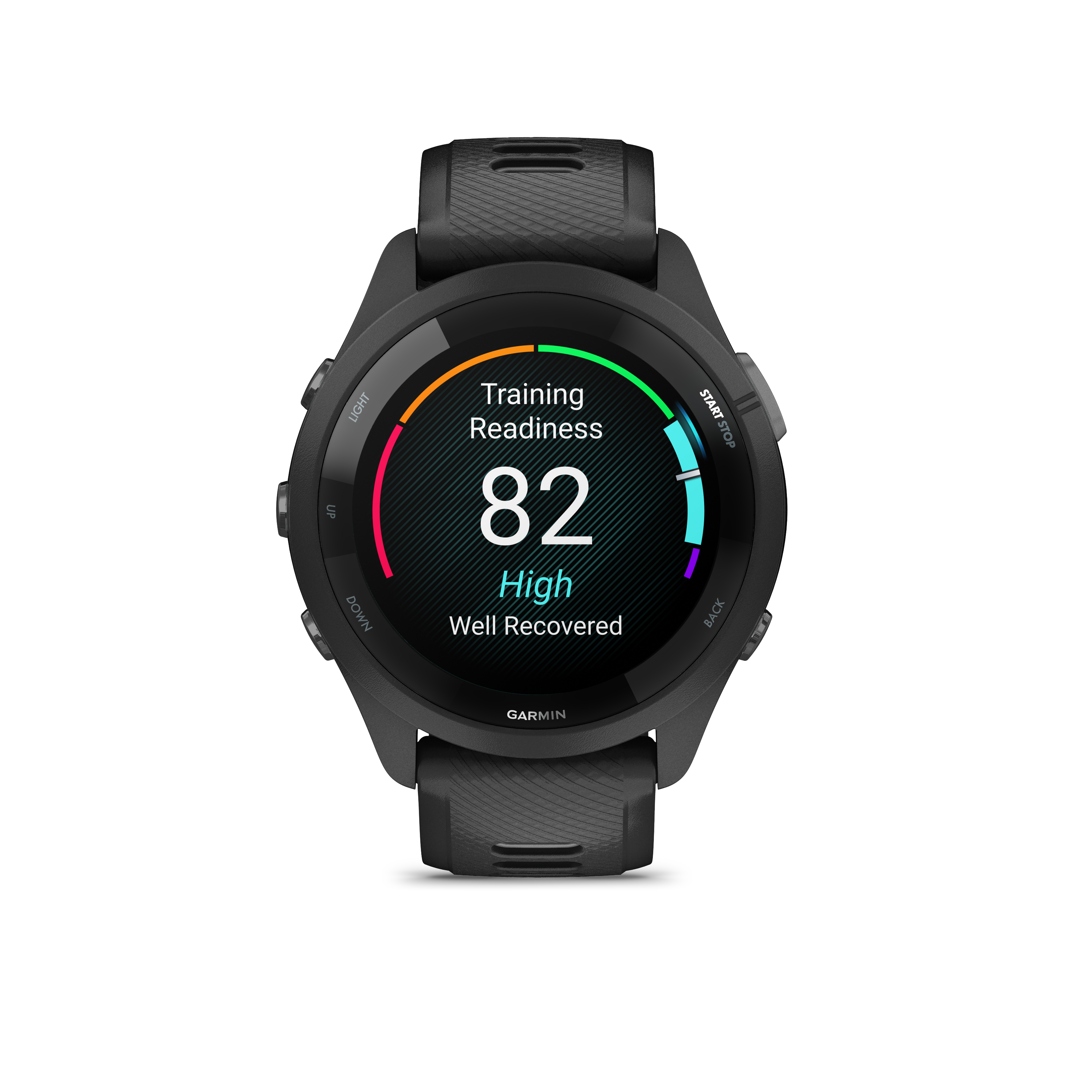 Schwarze Smartwatch mit farbigem Display, zeigt 82 an.