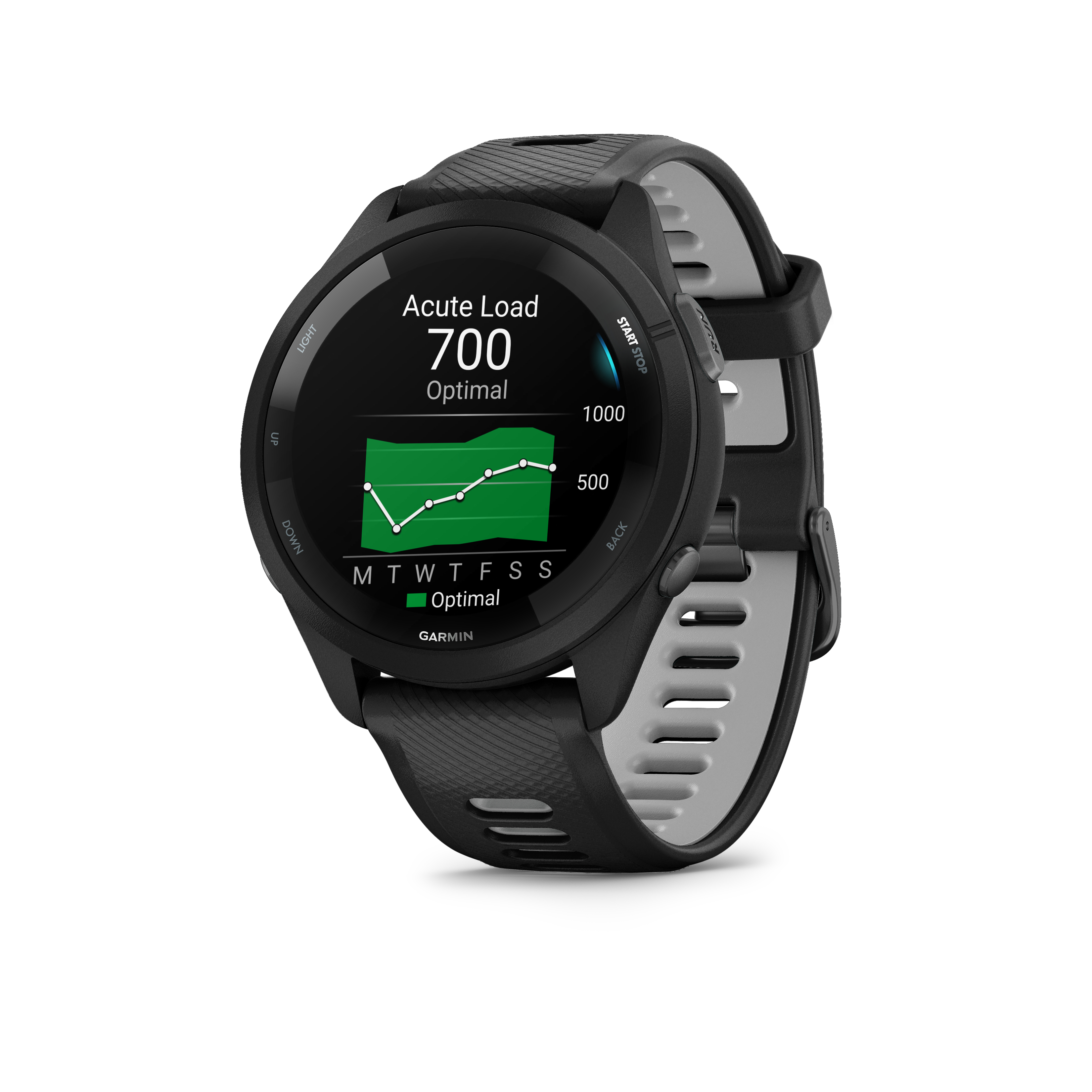 Schwarze Garmin-Uhr mit Anzeige für akute Belastung 700, optimal.