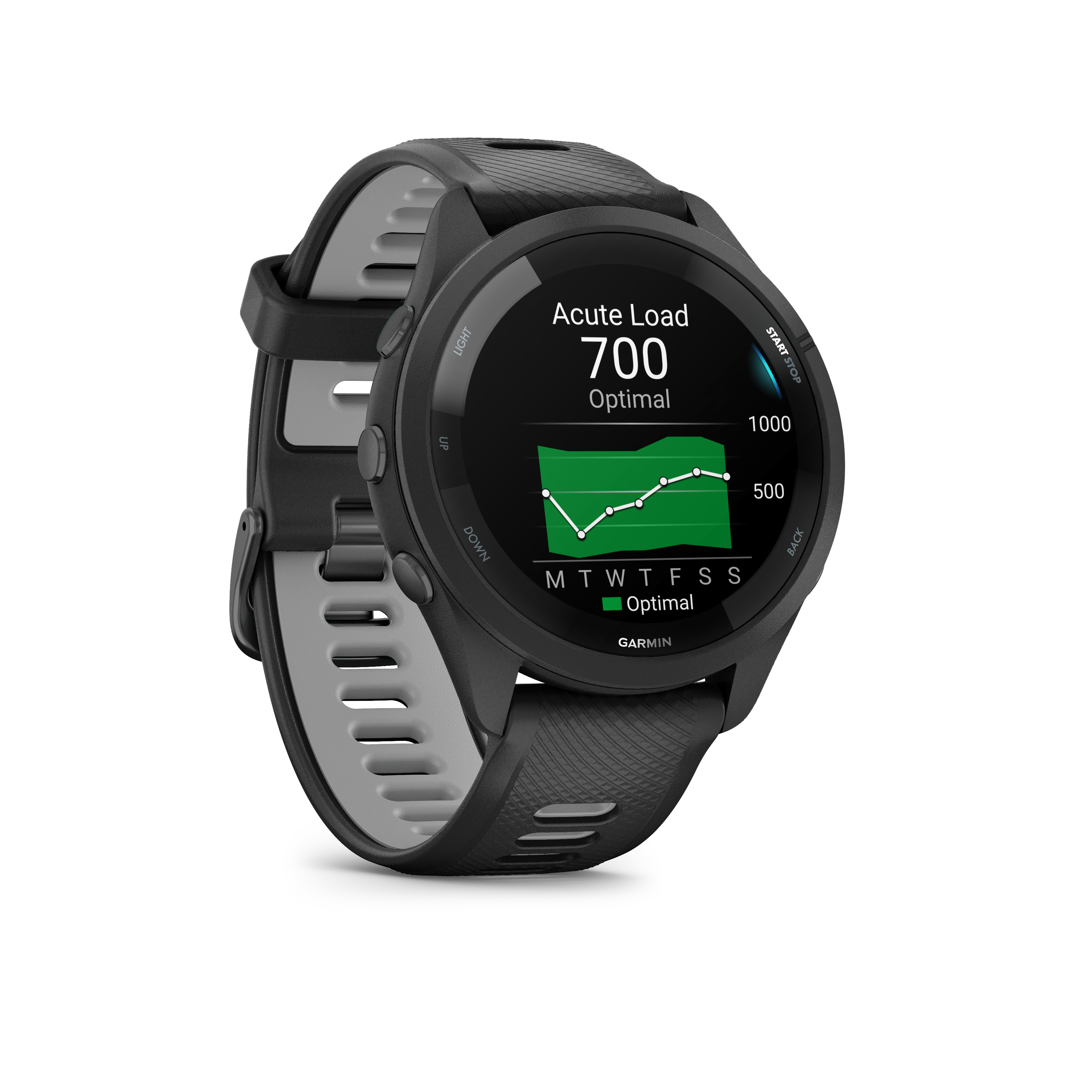 Schwarze Garmin Sportuhr mit optimaler akuter Belastung von 700.