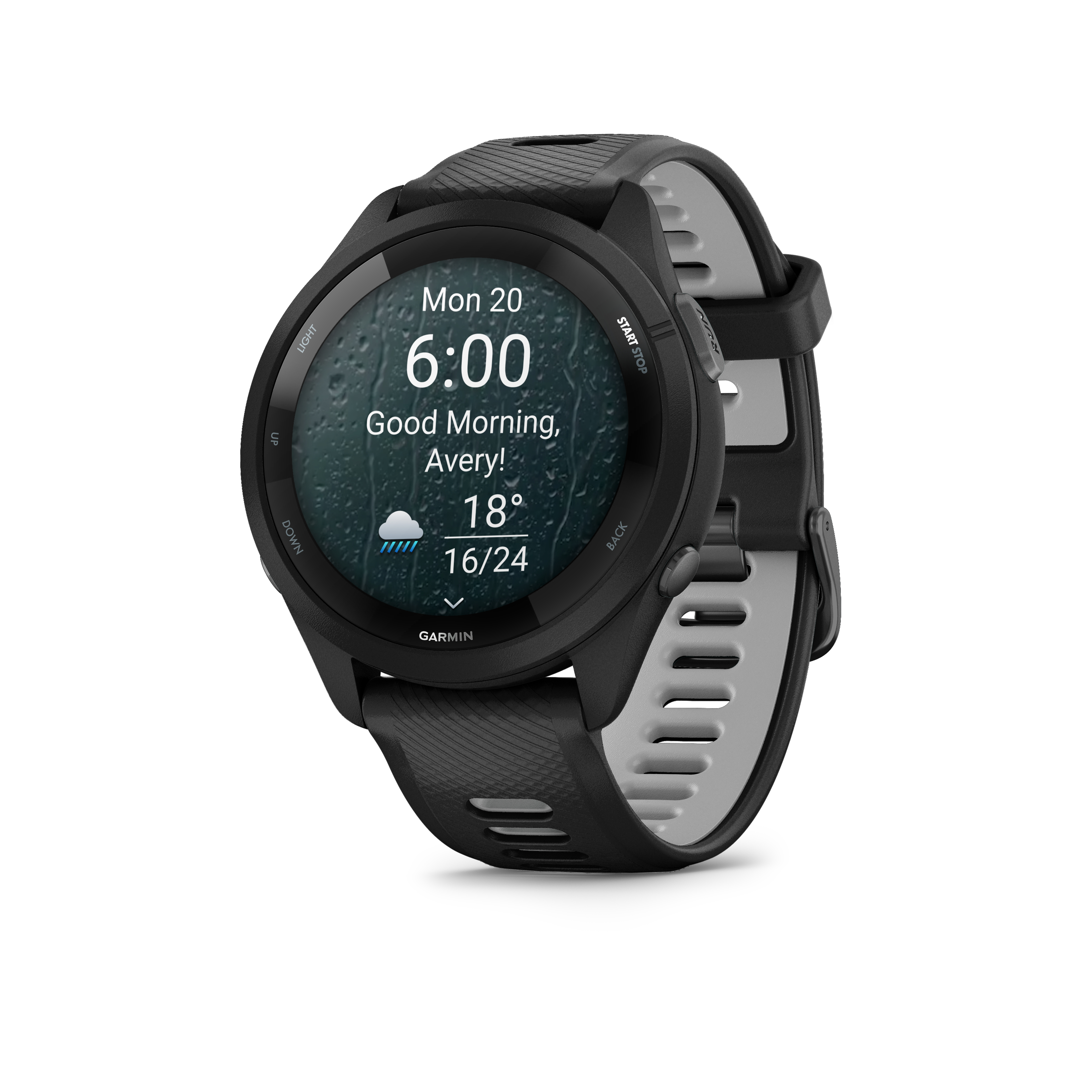 Schwarze Garmin Smartwatch mit Regen-Wetteranzeige, Zeit 6:00 und Temperaturen.