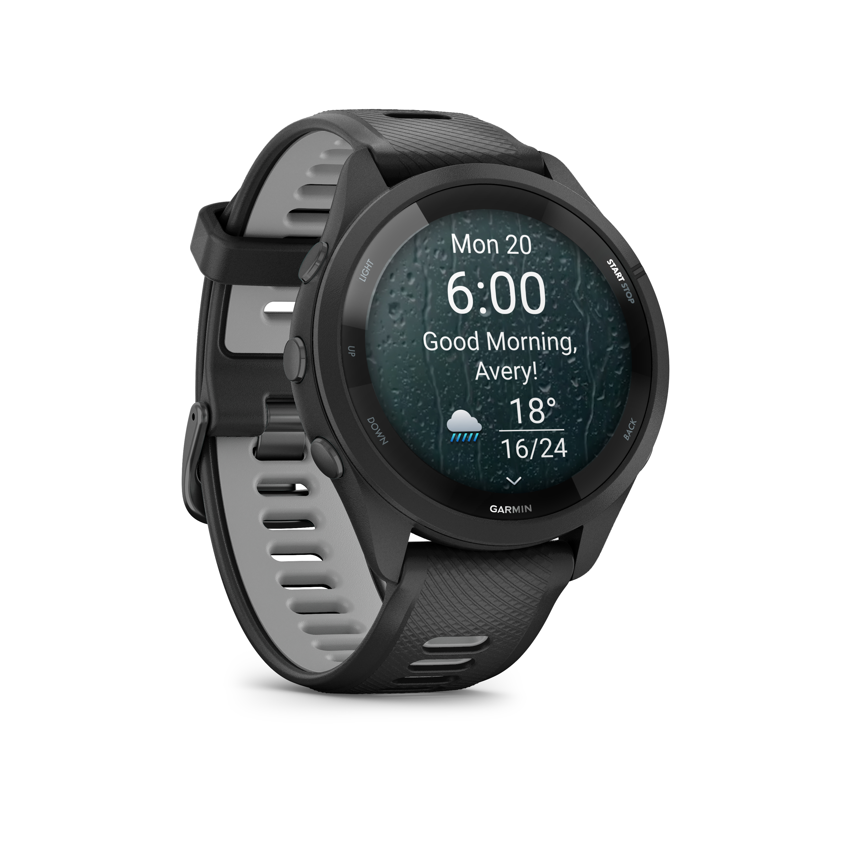 Eine schwarze Garmin-Smartwatch mit einem Display, das Regen und 18° anzeigt.