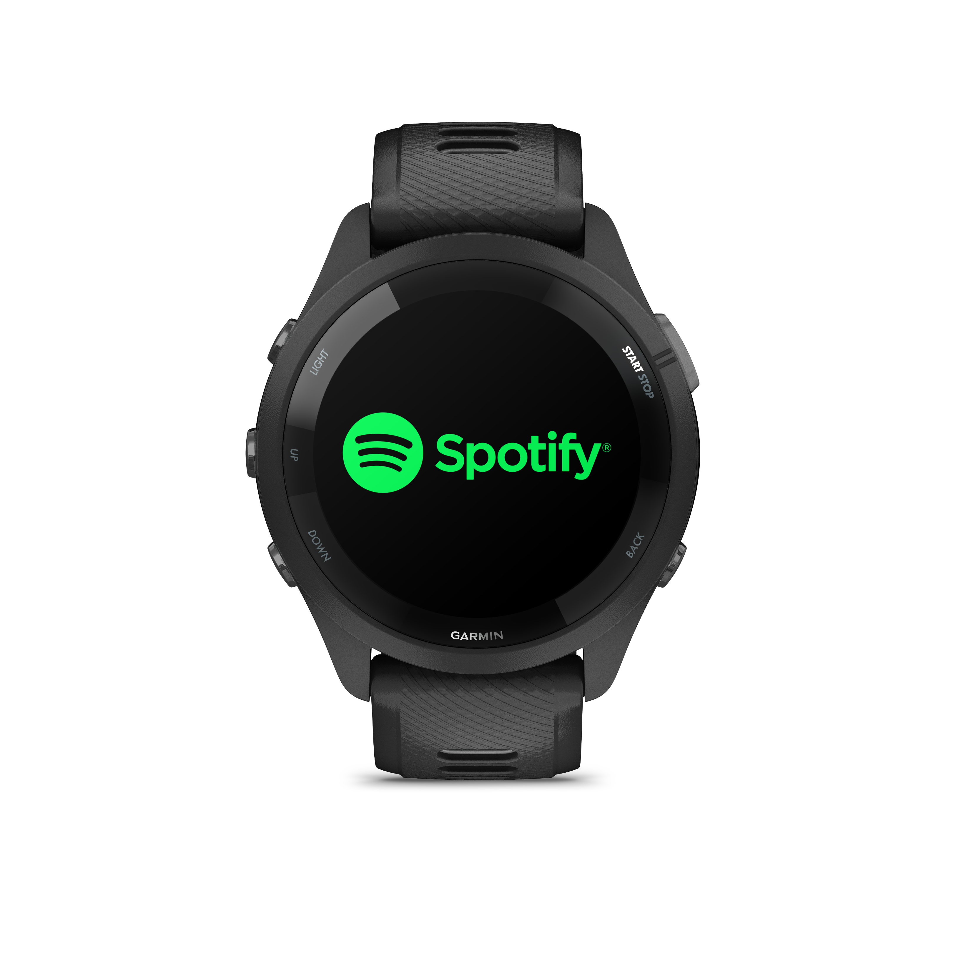 Schwarze Smartwatch mit Spotify-Logo auf dem Bildschirm.