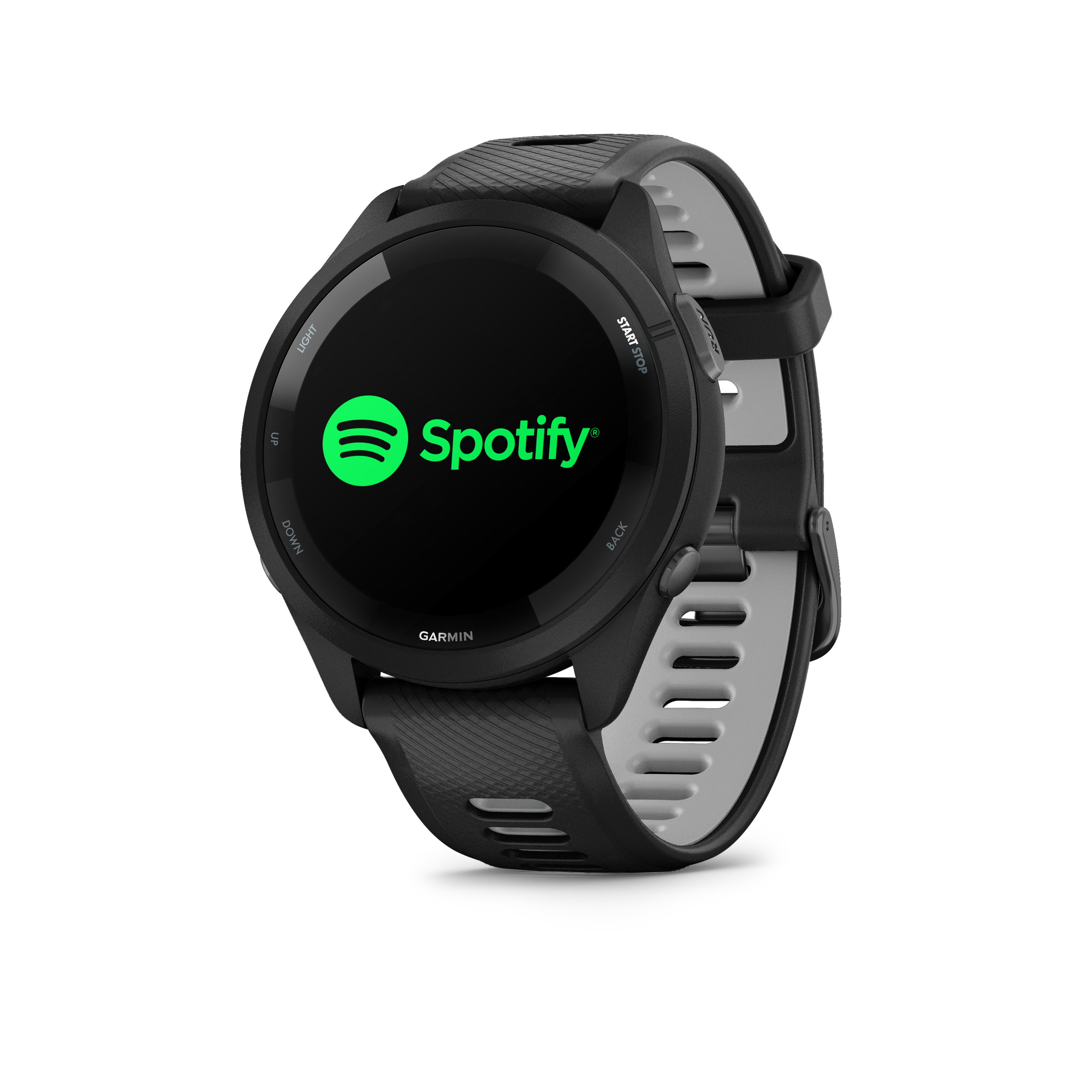 Schwarze Garmin Uhr mit Spotify-Logo auf dem schwarzen Display.