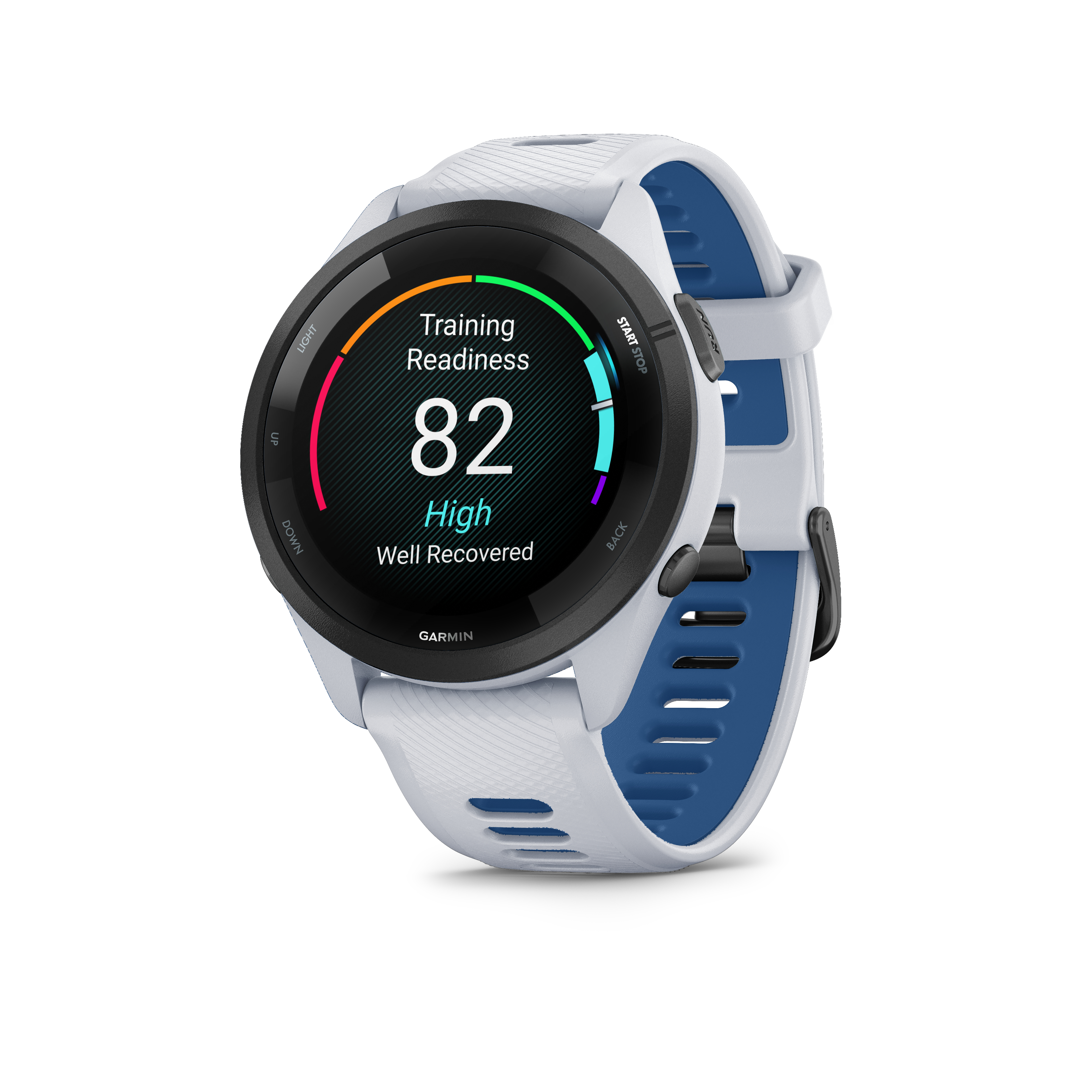 Eine weiße Garmin-Smartwatch mit blauem Band zeigt 