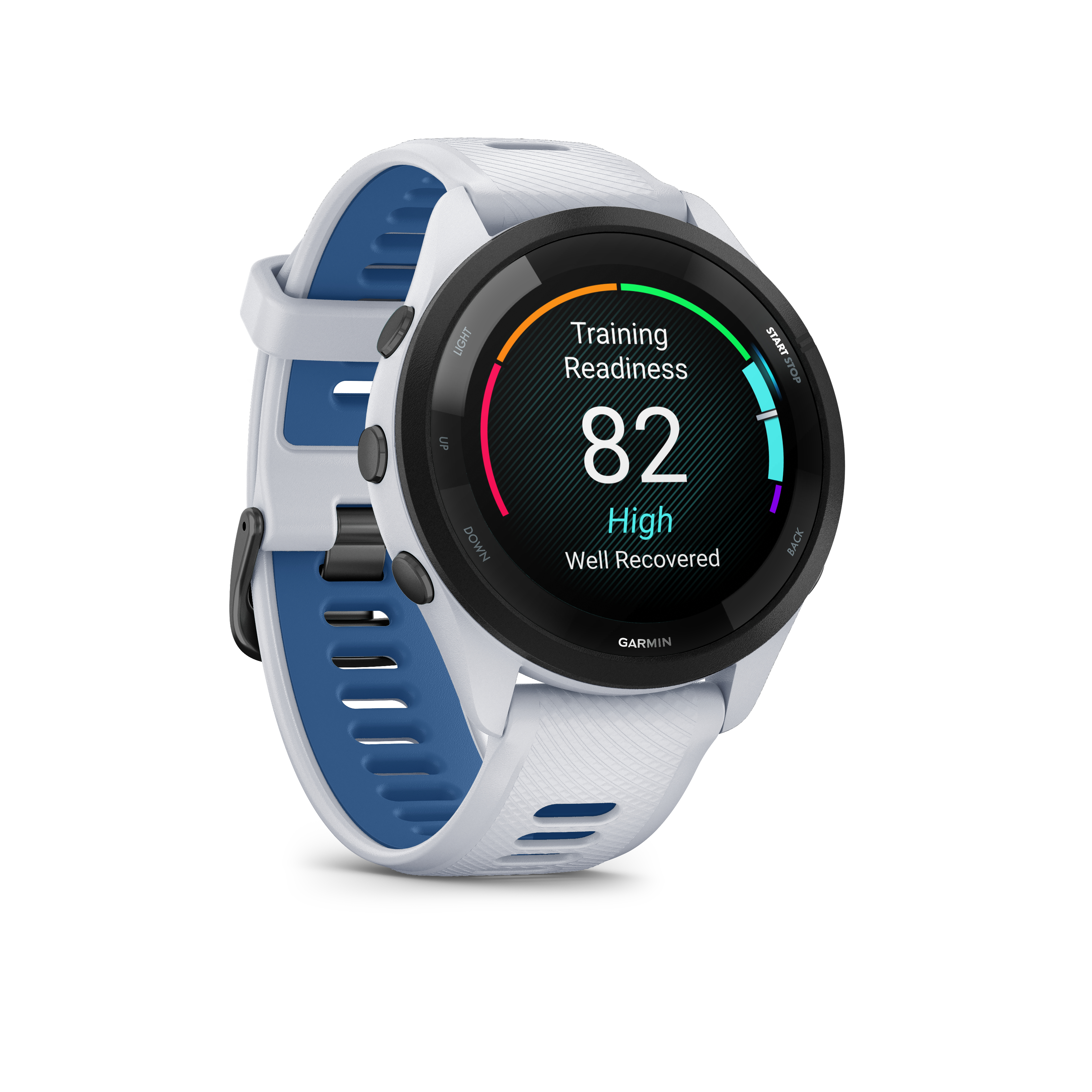 Weiße Smartwatch mit blauem Armband, zeigt Trainingsbereitschaft 82, Hoch.