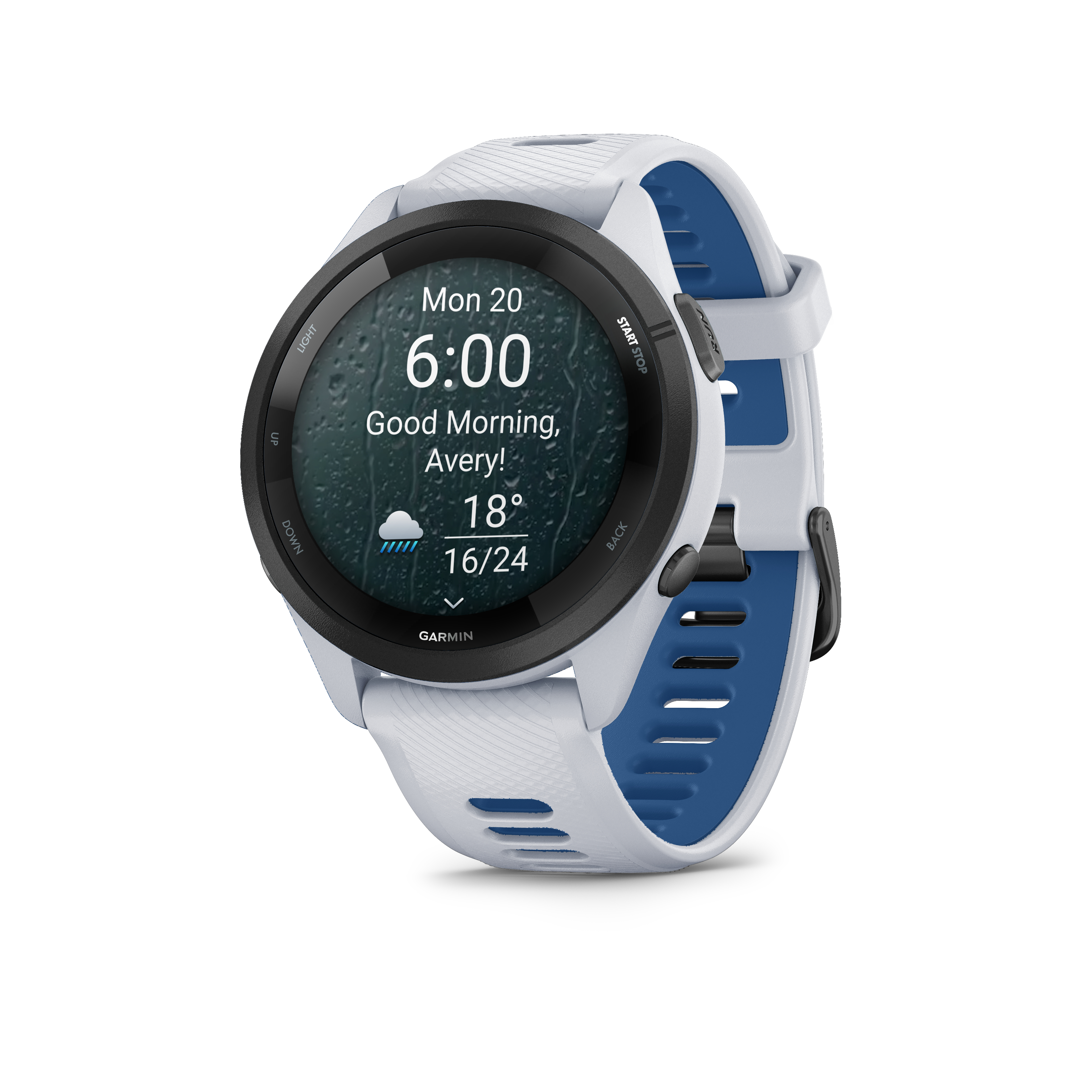Weiße Garmin-Smartwatch mit blauem Armband zeigt Wetter und Uhrzeit an.