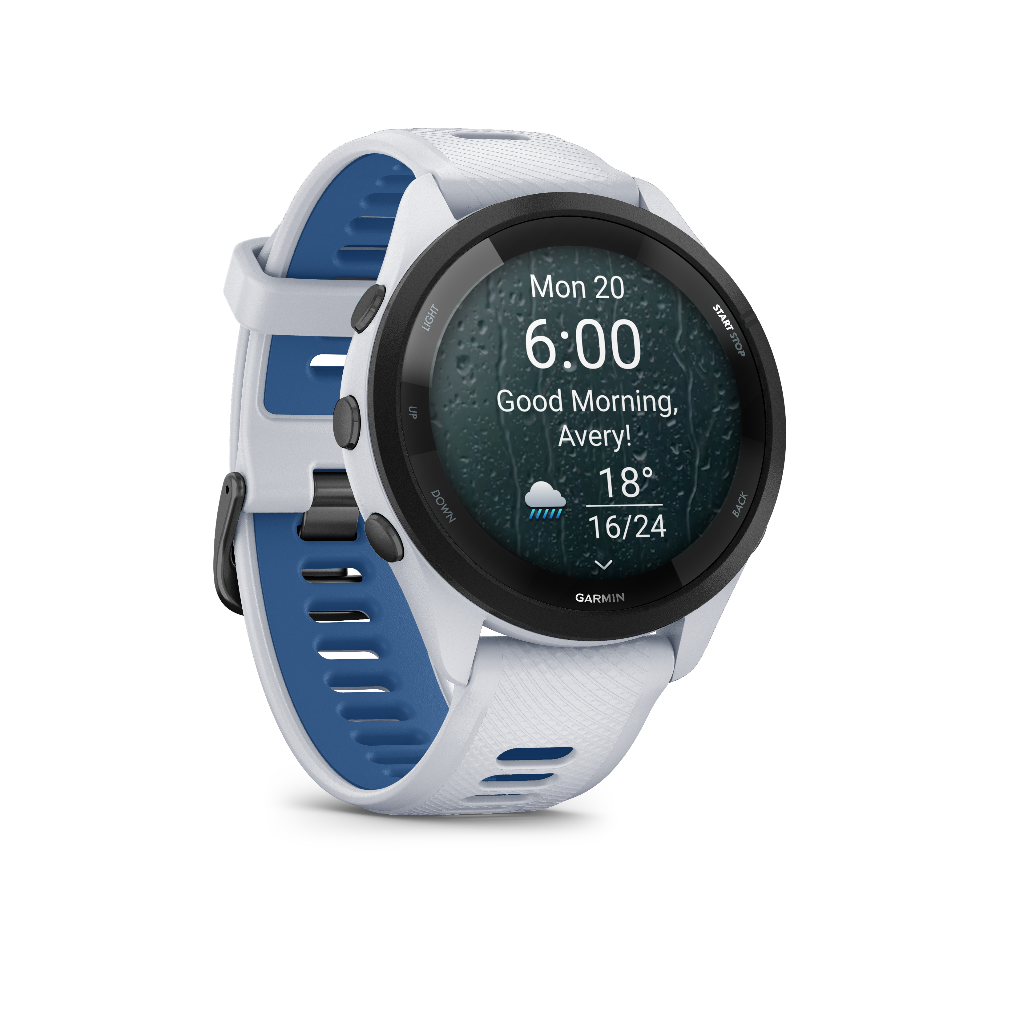 Weiße Garmin-Uhr mit blauen Akzenten zeigt 6:00 Uhr, Regen und 18°C.