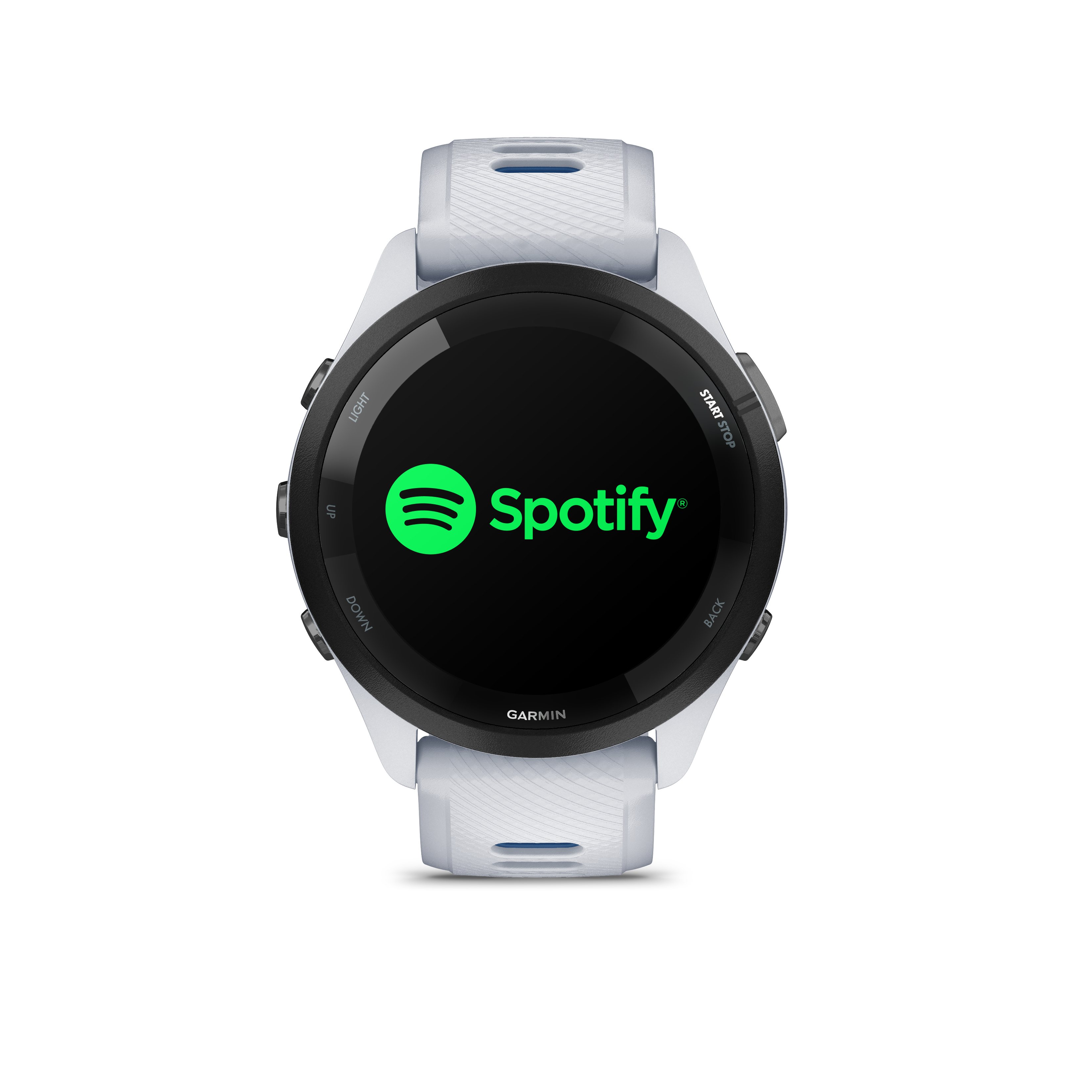Eine weiße Smartwatch mit dem Spotify-Logo auf dem schwarzen Bildschirm.