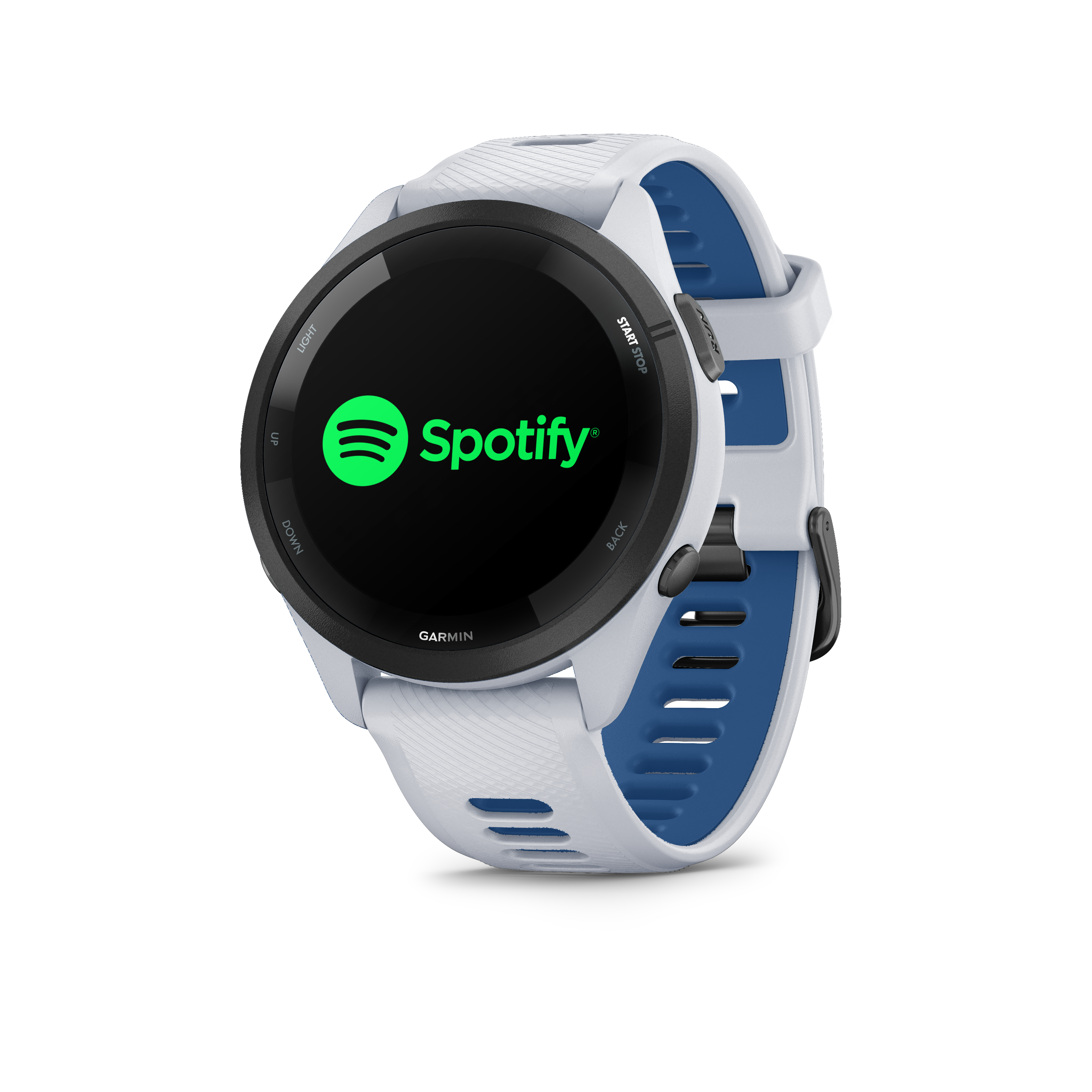 Eine weiße und blaue Smartwatch mit dem Spotify-Logo auf dem Bildschirm.