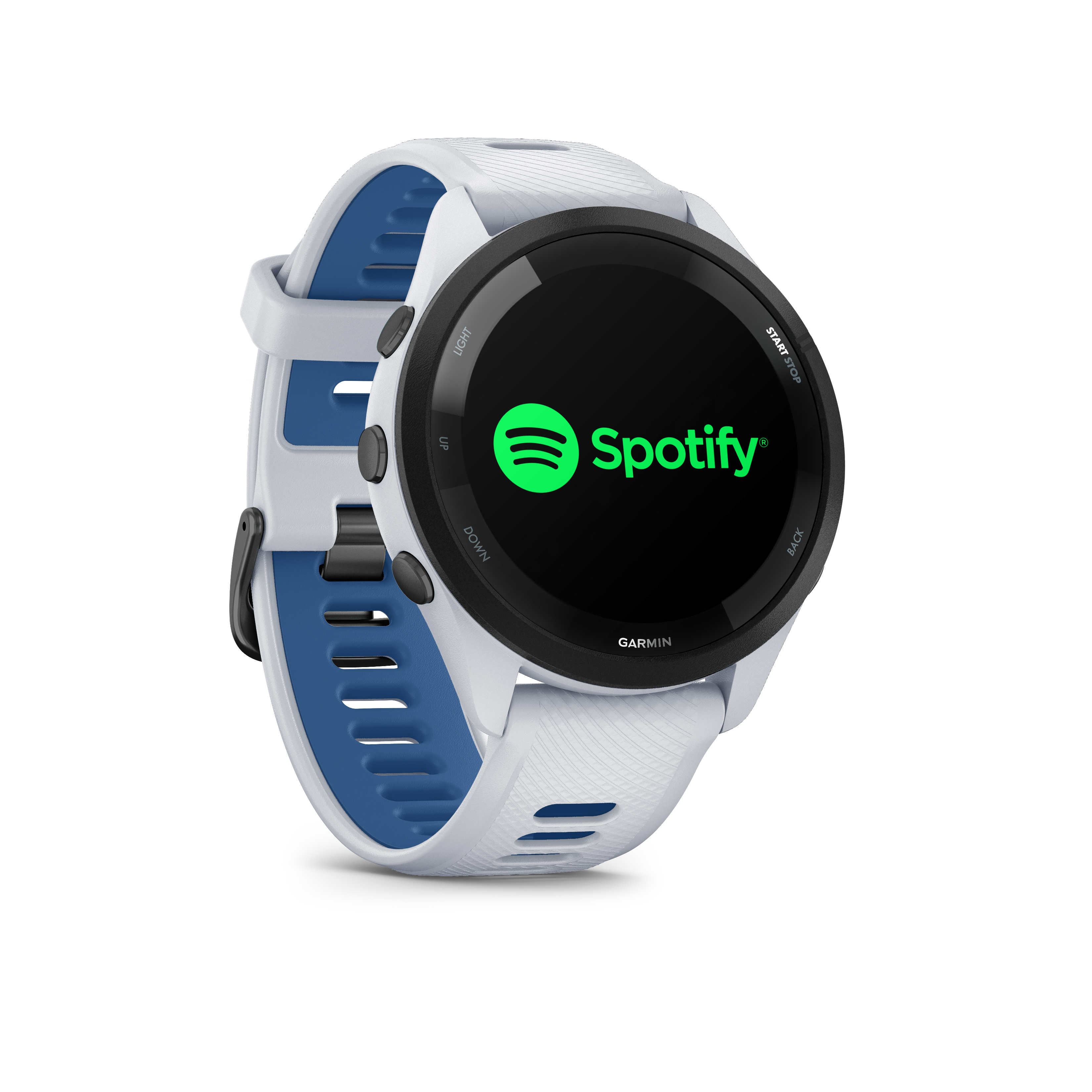 Weiße Garmin Smartwatch mit Spotify-Logo auf dem Bildschirm.