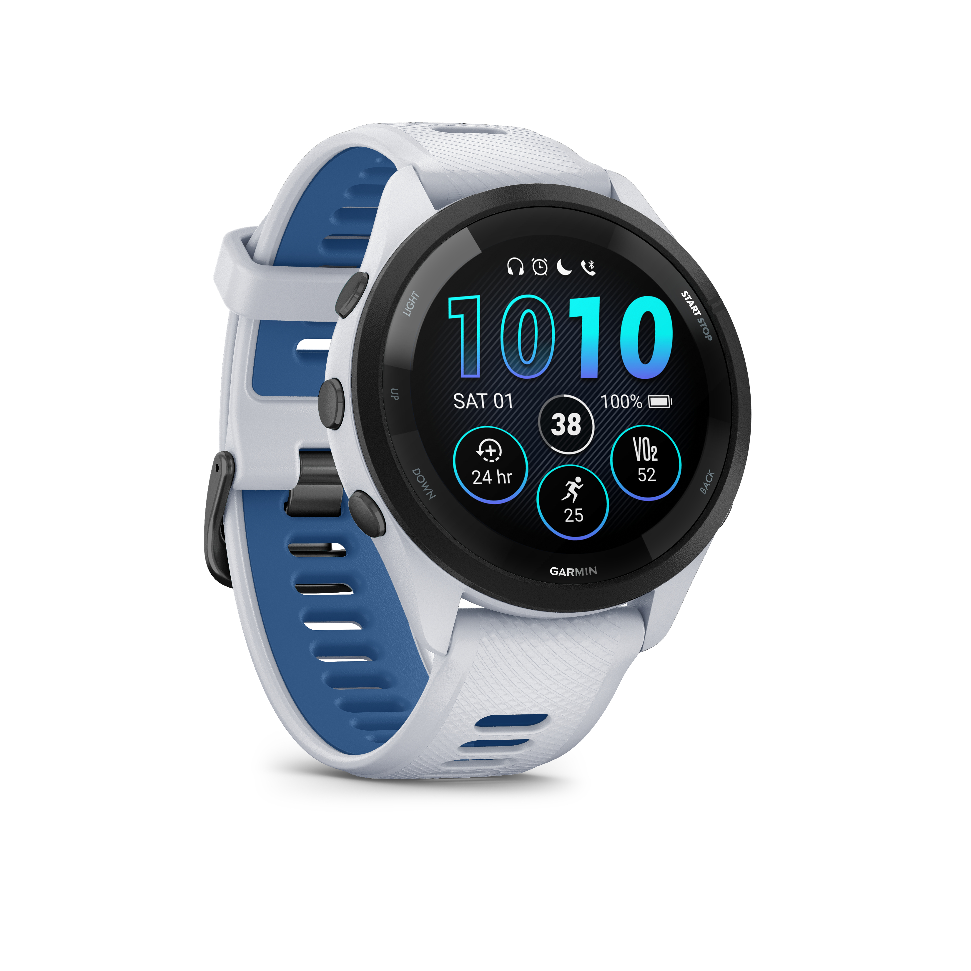 Weiße Garmin Smartwatch mit blauem Armband und buntem Display.