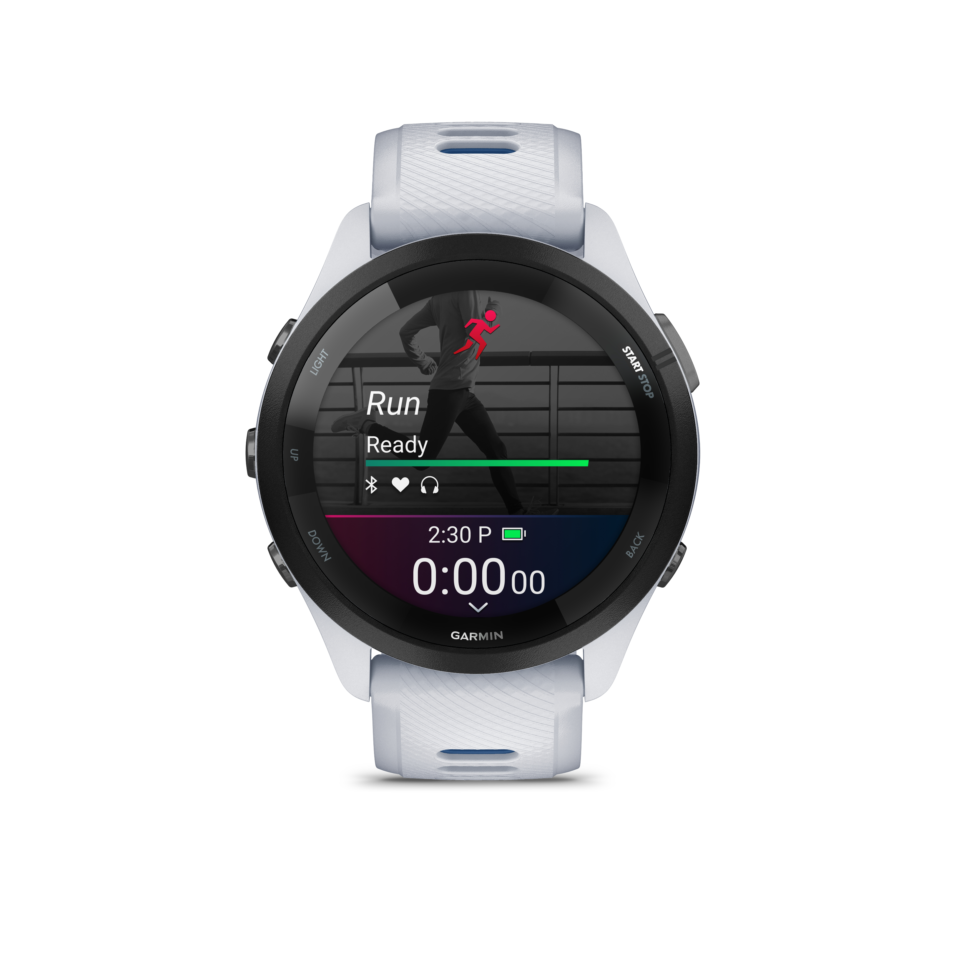 Eine weiße Garmin-Sportuhr zeigt einen Läufer und Timer an.