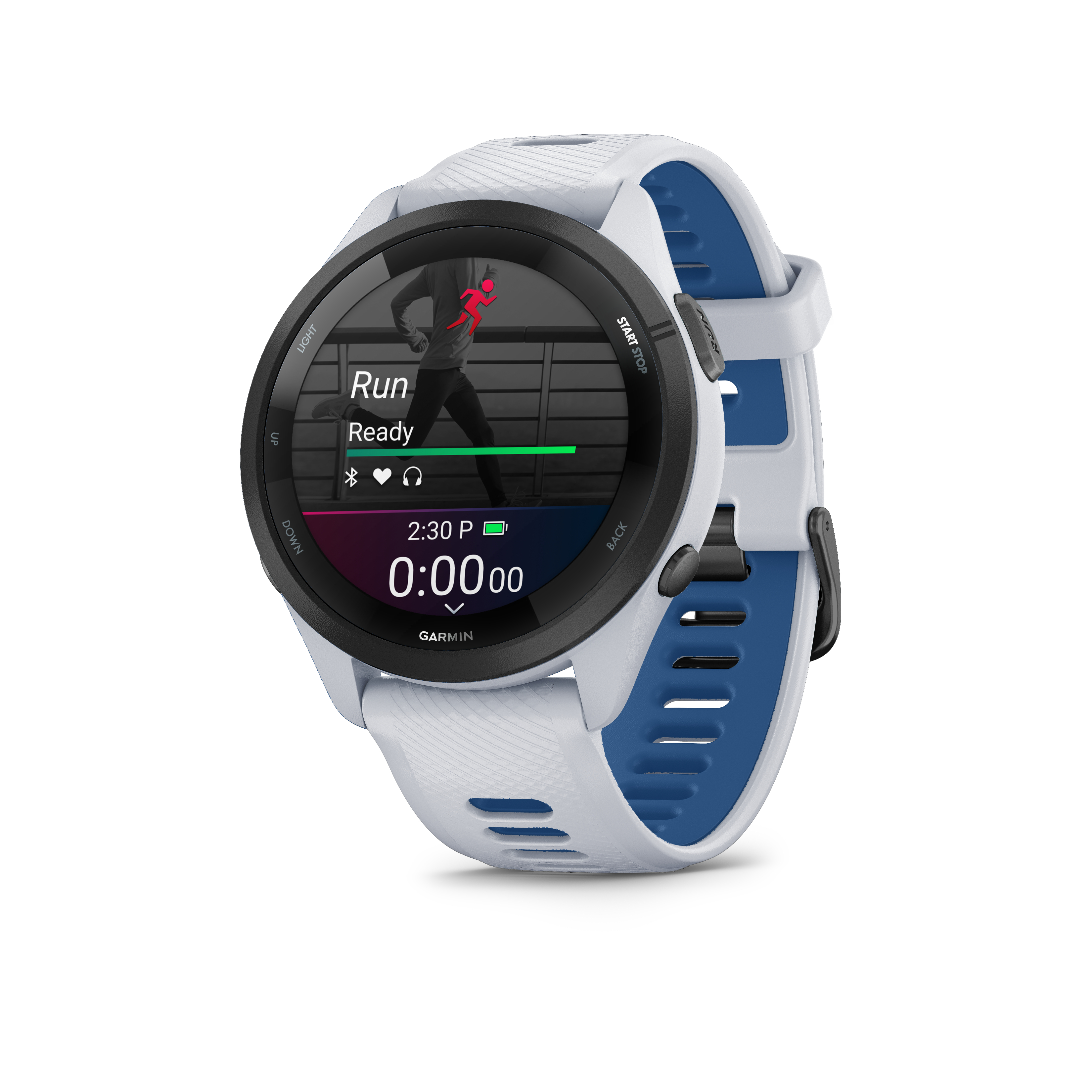 Weiße Smartwatch mit blauem Armband, zeigt 