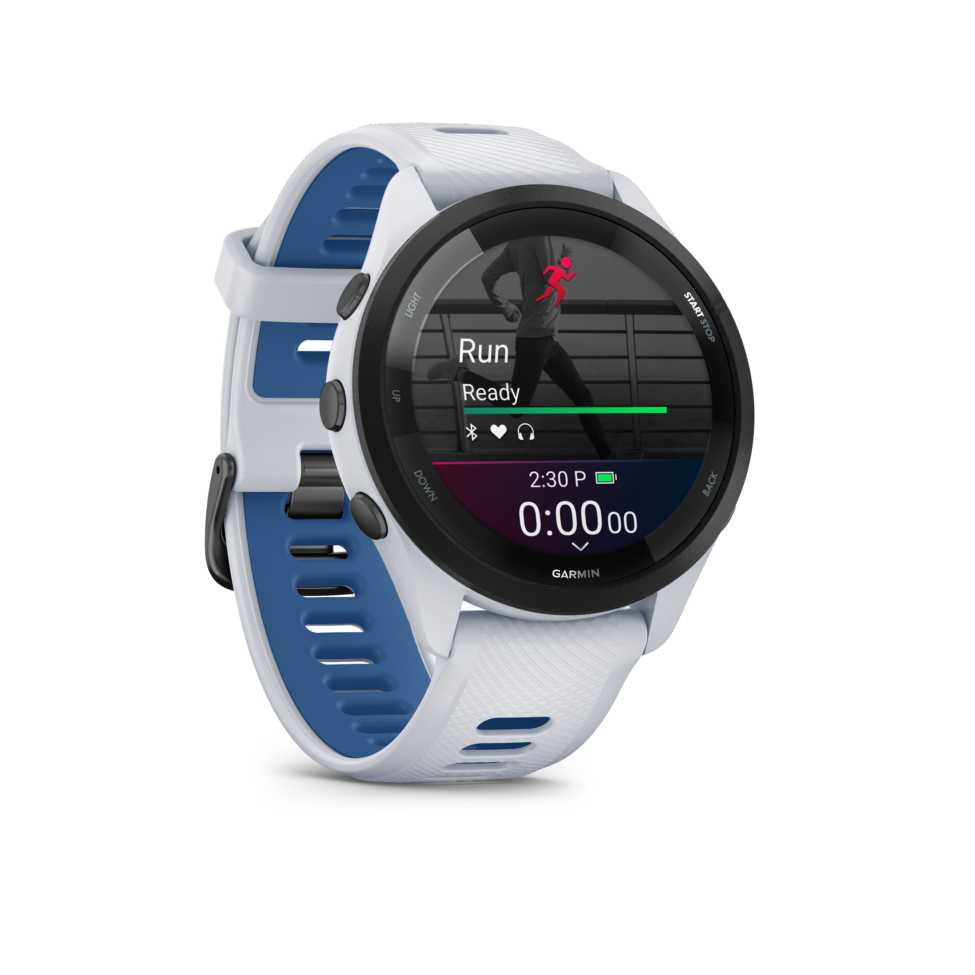 Weiße Smartwatch mit blauem Armband, zeigt eine Läuferin und Trainingsdaten an.